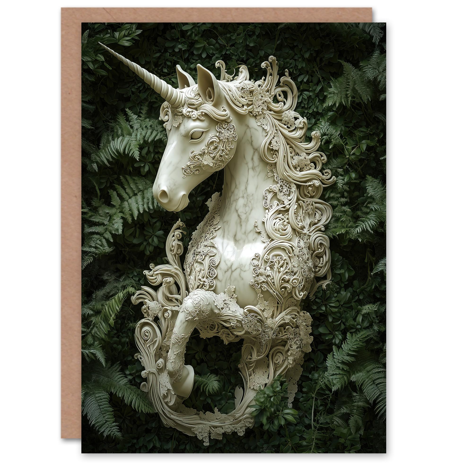 Artery8 Greeting Card Filigree Marble Unicorn Statue Fern Frond Leaves For Her Woman Birthday Card