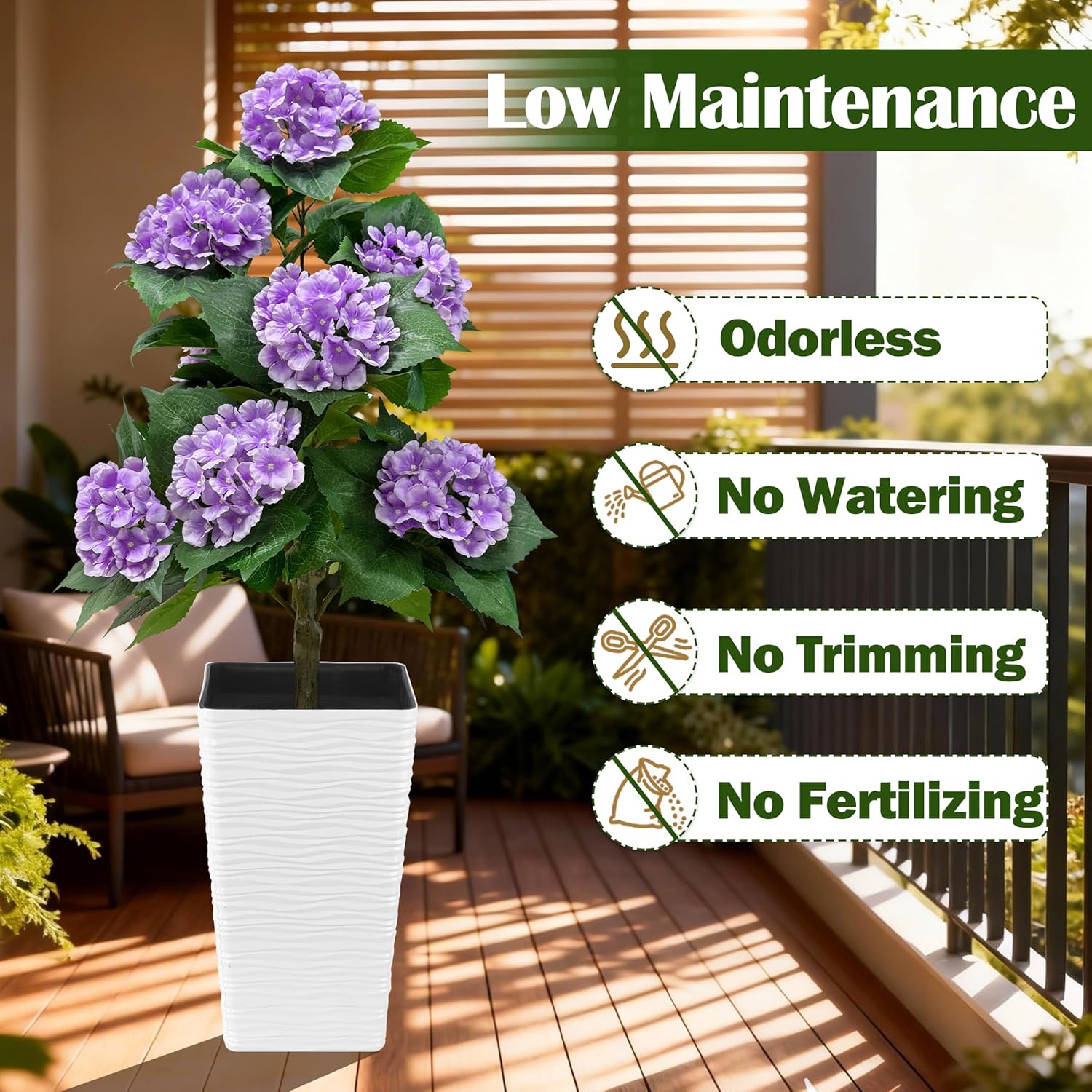 46 Inch Artificial Purple Hydrangea Tree, Fake Hydrangea Flower Tree with Planter, Decorative Topiary Plant, Cement Filled Potted Faux Plants for Porch Home Office Living Room Decor (Purple)