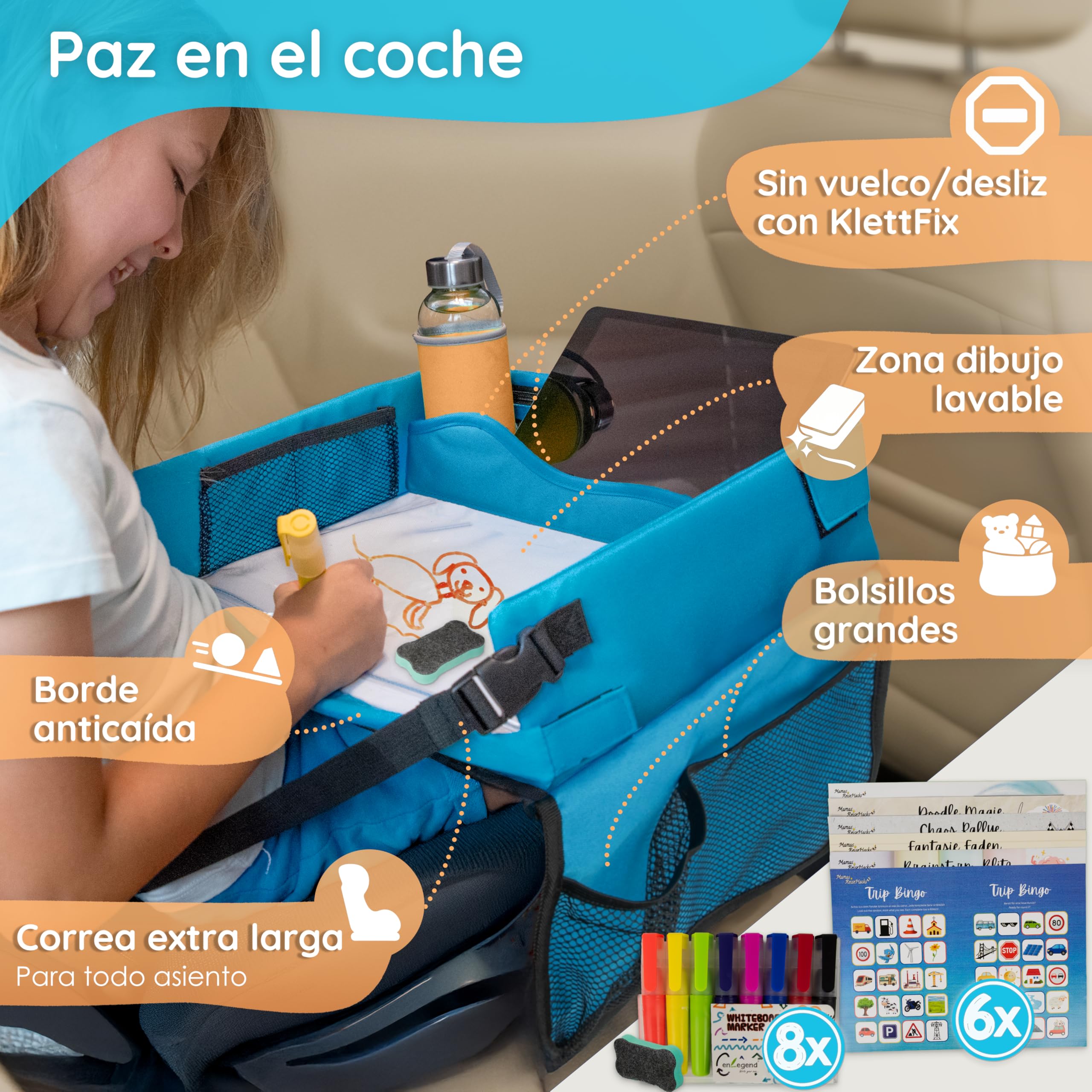Mamas Reise Hacks Mesa de viaje para coche para niños – [con tapón para tablet y juegos de coche] para asiento trasero y viaje en coche – Mesa de juegos para niños, bandeja para rodillas, mesa de