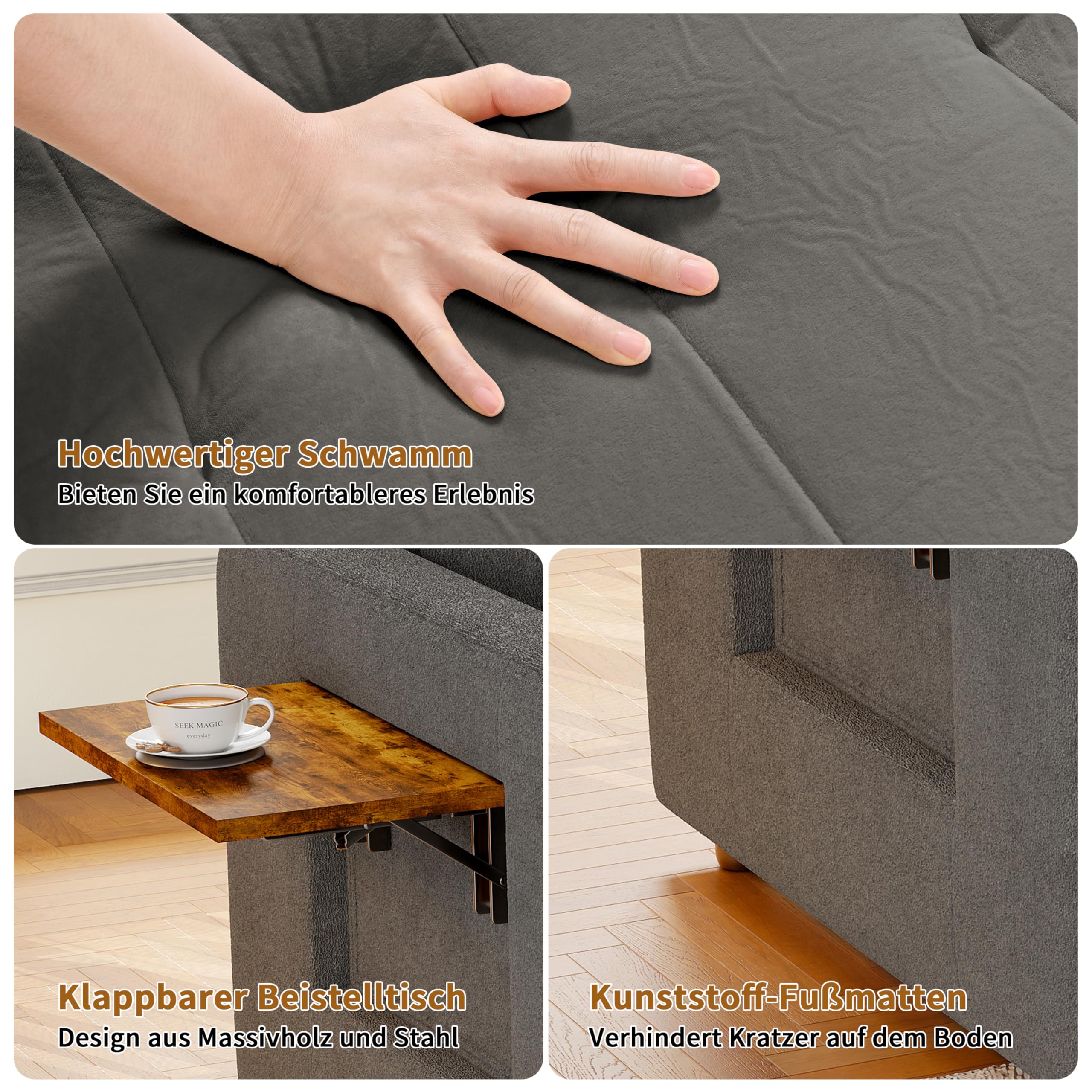 Schlafsessel 3 in 1,schlafsessel mit bettfunktion Ausziehbares Schlafsofa Schlaferstuhl mit Verstellbarer Rückenlehne Sessel mit Schlaffunktion GäStebett Klappbar mit Seitentasche (Grau)