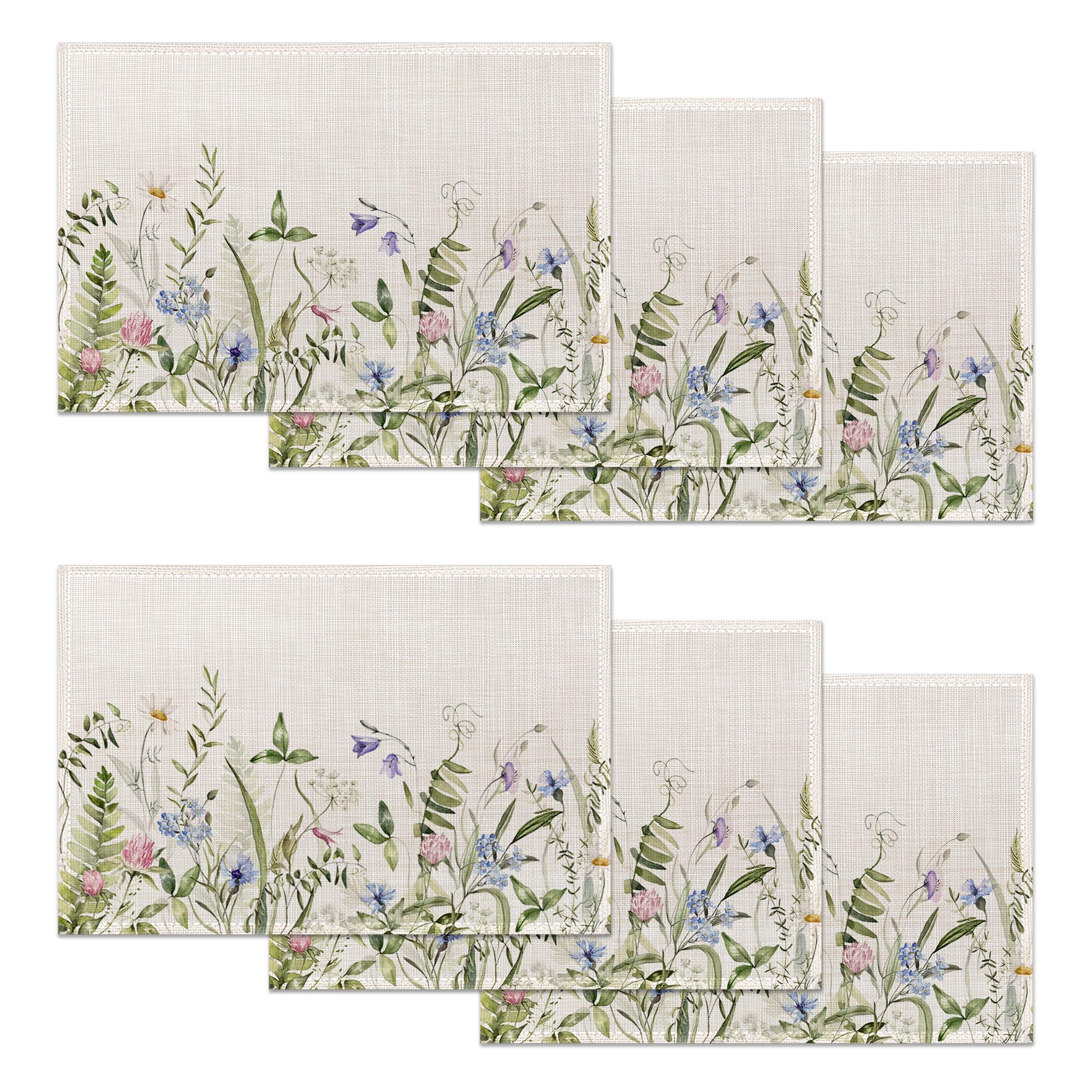 Placemats Set of 6,Wildflowers Washable Table Mats for Dining or Coffee Table,Leaves Heat Resistant Non-Slip Place Mats for Home Party 12"x18"