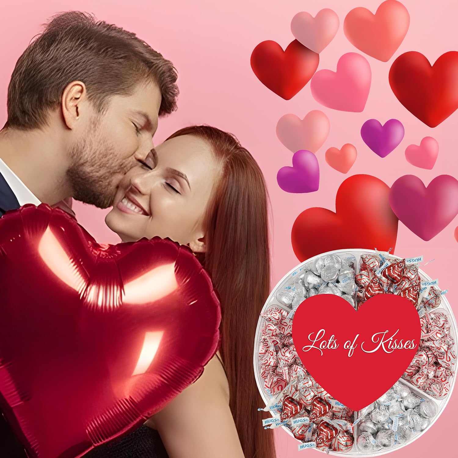 Valentine's Chocolate Candy Gift Box, Hershey Milk Chocolate Kisses Assortment in Red and Silver Foils, Heart Adorned 6 Sectional Tray Gift Basket for Wife, Husband, Couples, Friends, Men and Women