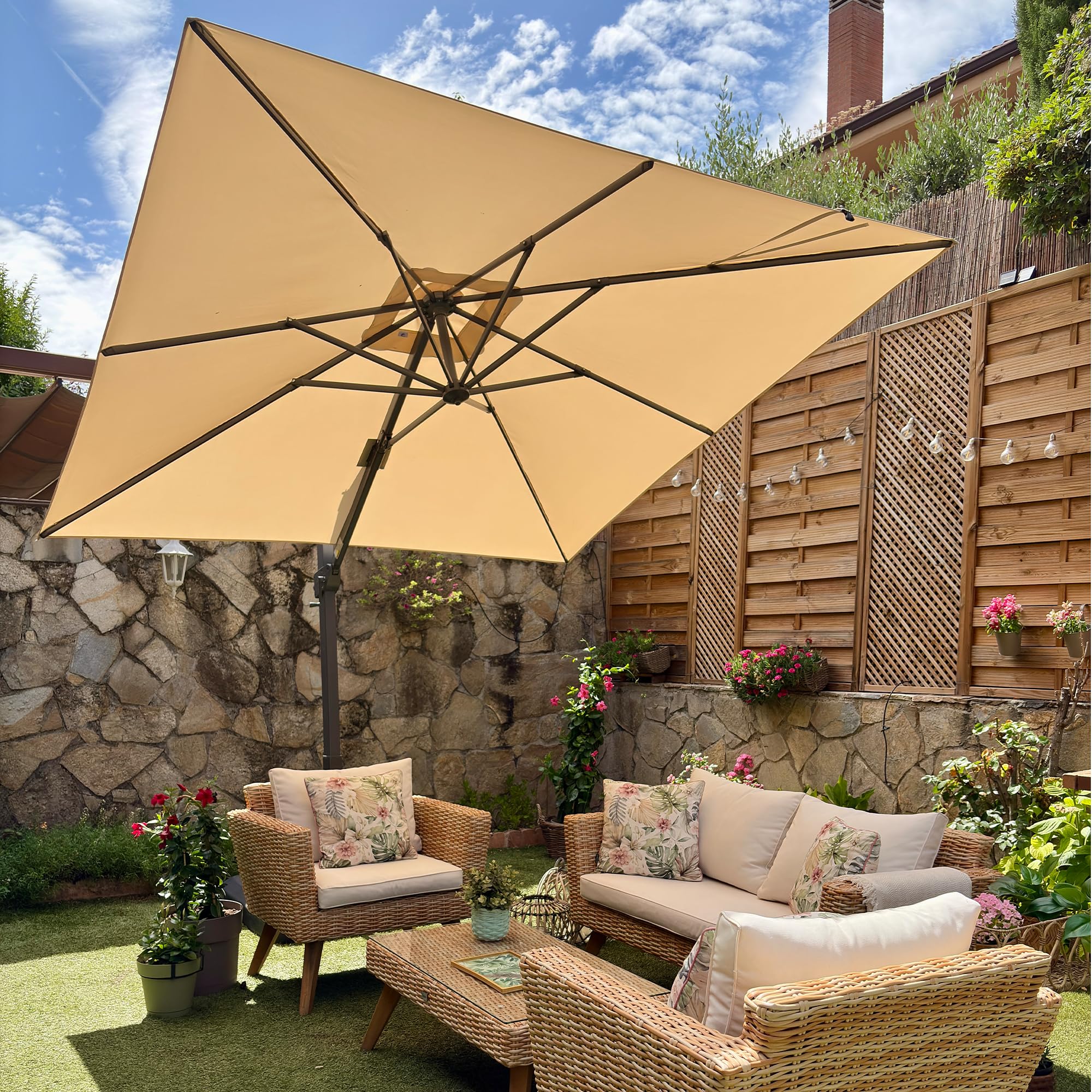 PURPLE LEAF Patio Cantilever Umbrella 9' x 9' with Base UV Protection Beige