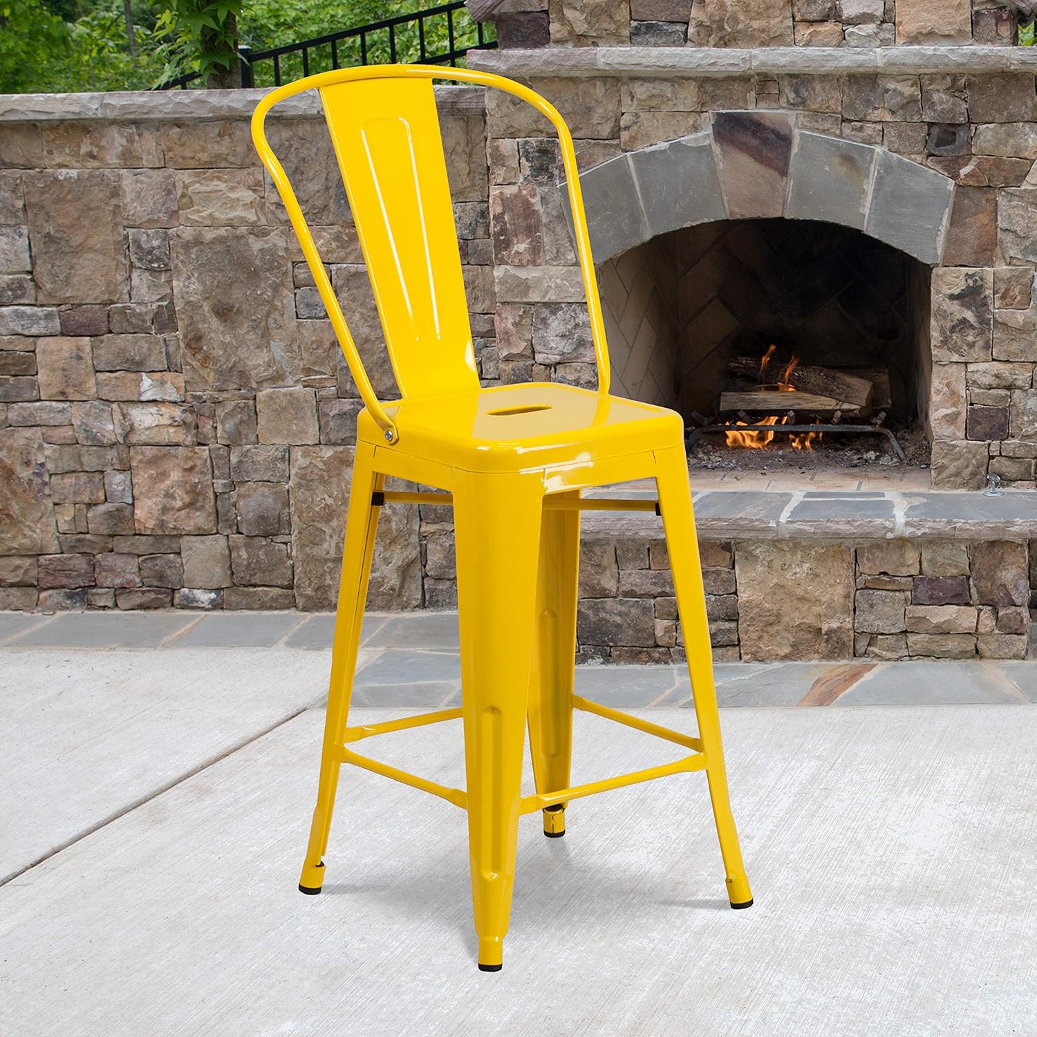 EMMA + OLIVER 4 Pack 24" High Yellow Metal Indoor-Outdoor Counter Height Stool with Back