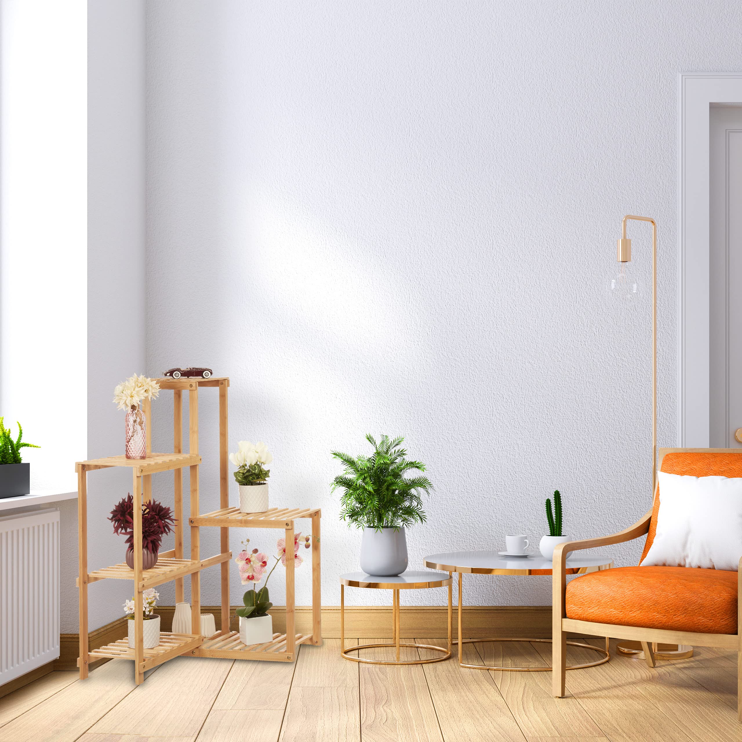 Relaxdays Estantería Plantas Interior Bambú, Soporte Macetas 6 Baldas, Portamacetas Esquinero, 101x62x62 cm, Natural