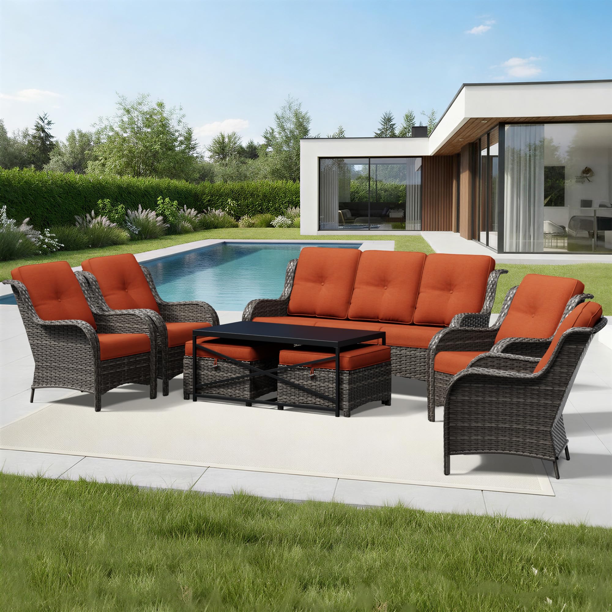 Joyside 8 Piece Wicker Patio Furniture Set, Rattan Patio Chairs with High Back, Deep Seating, Wide Armrest, Thickened Cushions, Outdoor Furniture for Deck, Porch Use