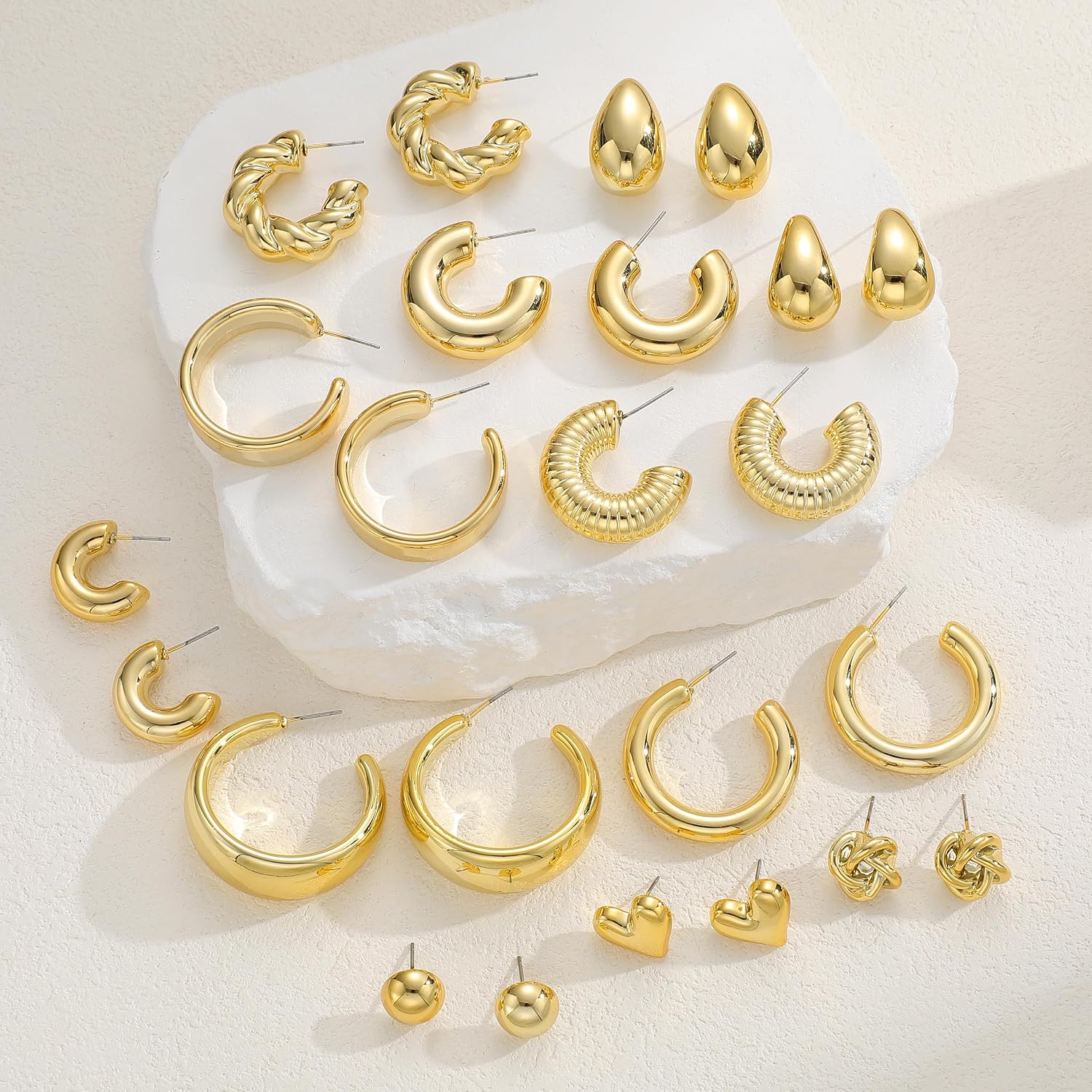 12 Pairs Chunky Silver Hoop Earrings for Women Trendy, Silver Plated Lightweight Thick Open Twisted Stack, Non Tarnish Huggie Hoops Earring Set