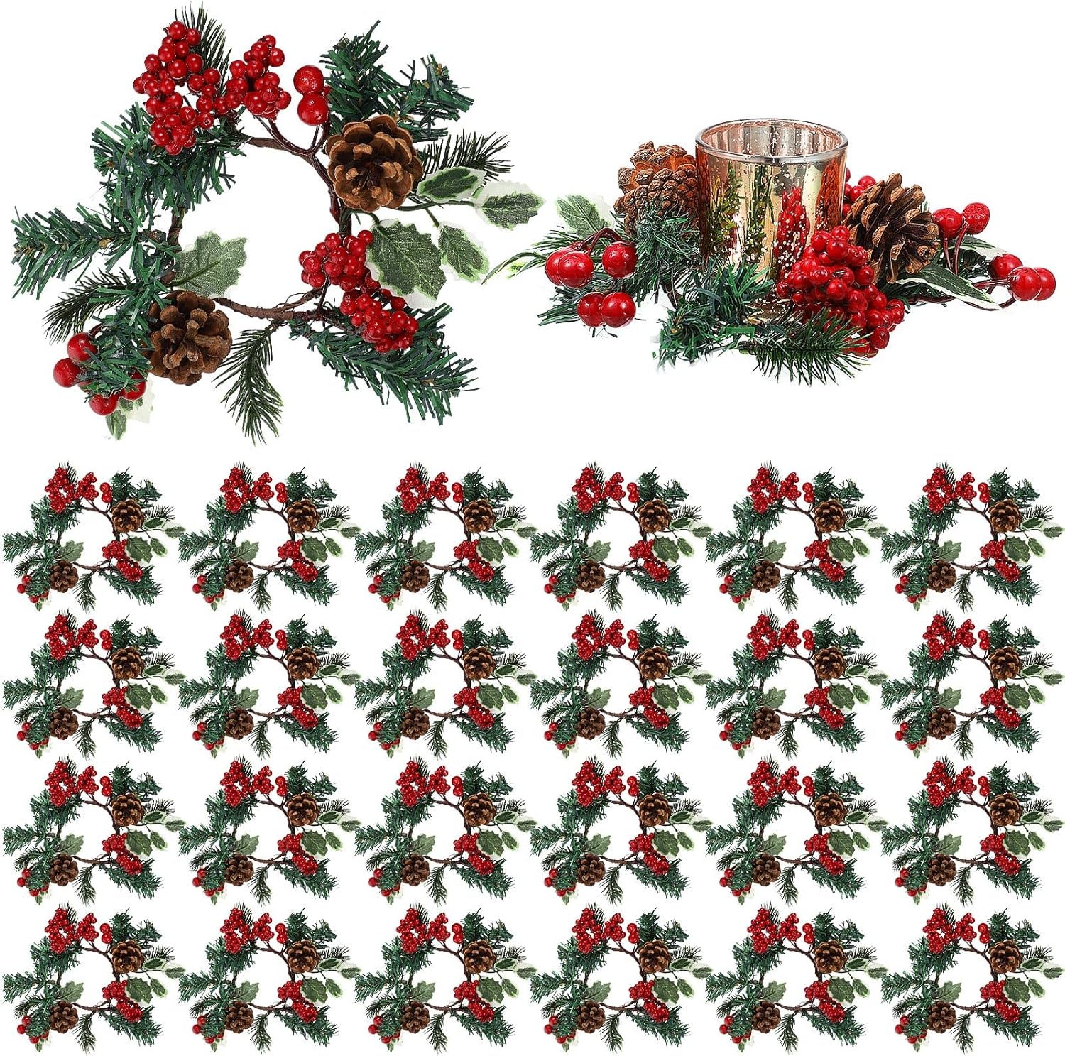 Ceenna 24 Pcs Christmas Candle Rings Mini Xmas Wreaths