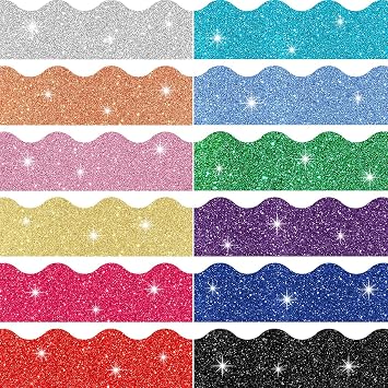 Geyee 120 Pieces Glitter Bulletin Board Border Scalloped Border Trim Shiny Bulletin Poster Decoration Colorful Glitter Paper for School Classroom Office Party Wall DecorBright Color