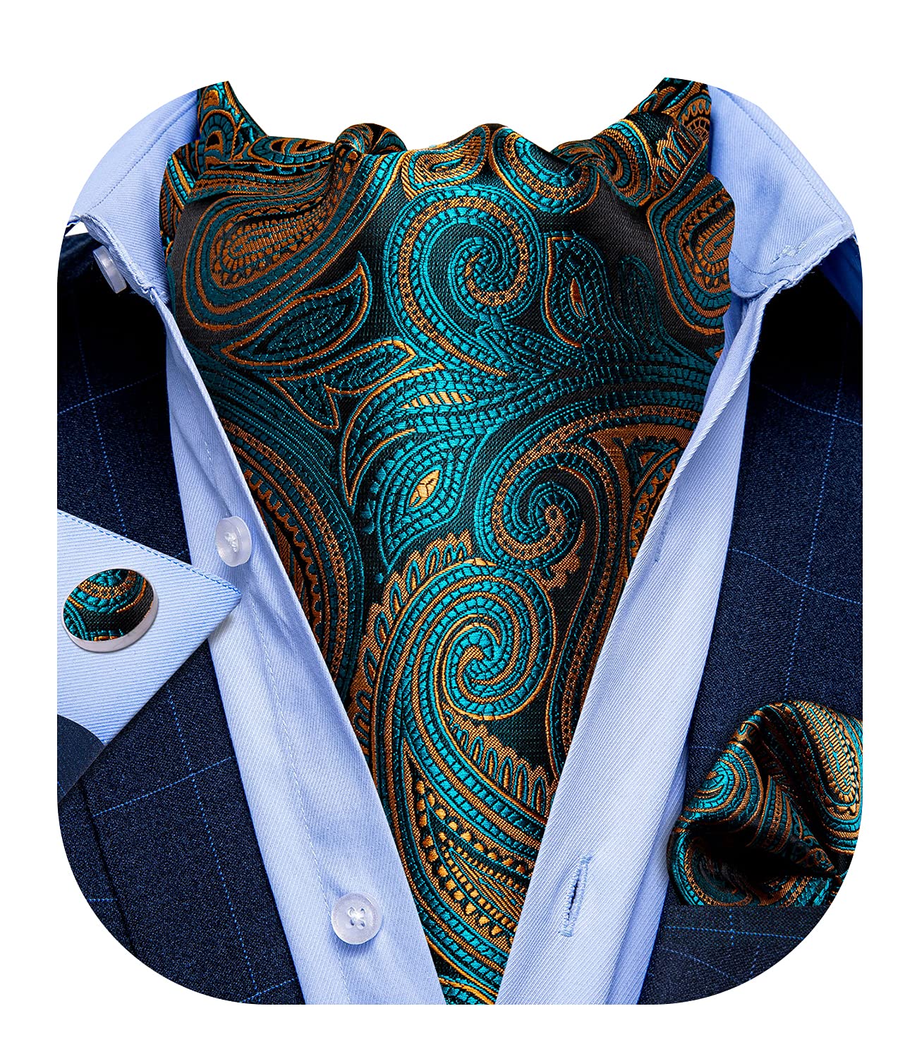 DiBanGuMens Cravat Self Tie Jacquard Woven Paisley Ascot Tie and Pocket Square Cufflinks Set Formal Casual