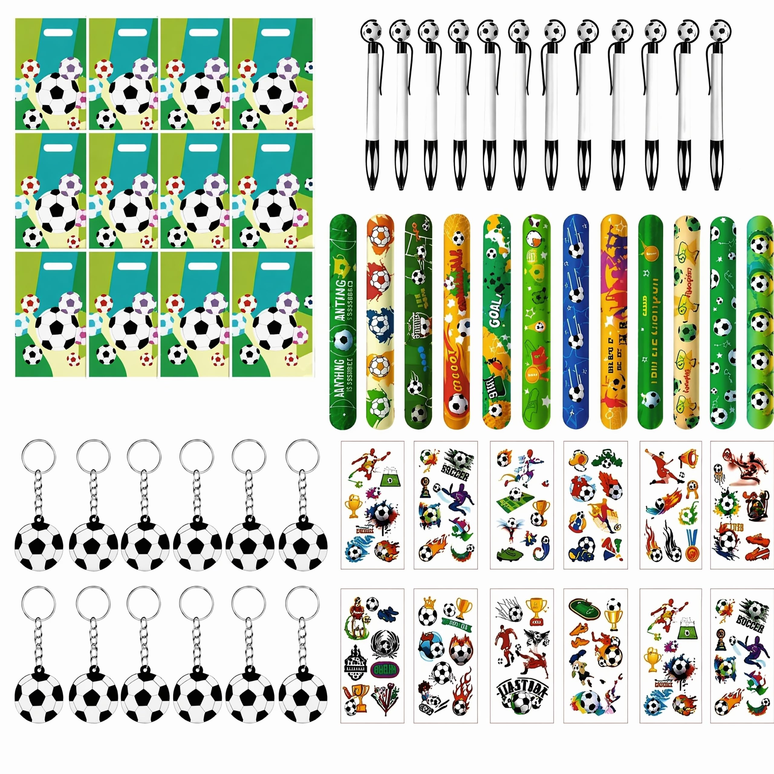 LCOLYDM 60 Pcs Football Party Bag Fillers, 12 Football Pens, 12 Football Keyrings, 12 Football Bags, 12 Football Slap Wristbands, 12 Football Sticker, Football Toys, Kids Football Party Favours Gifts