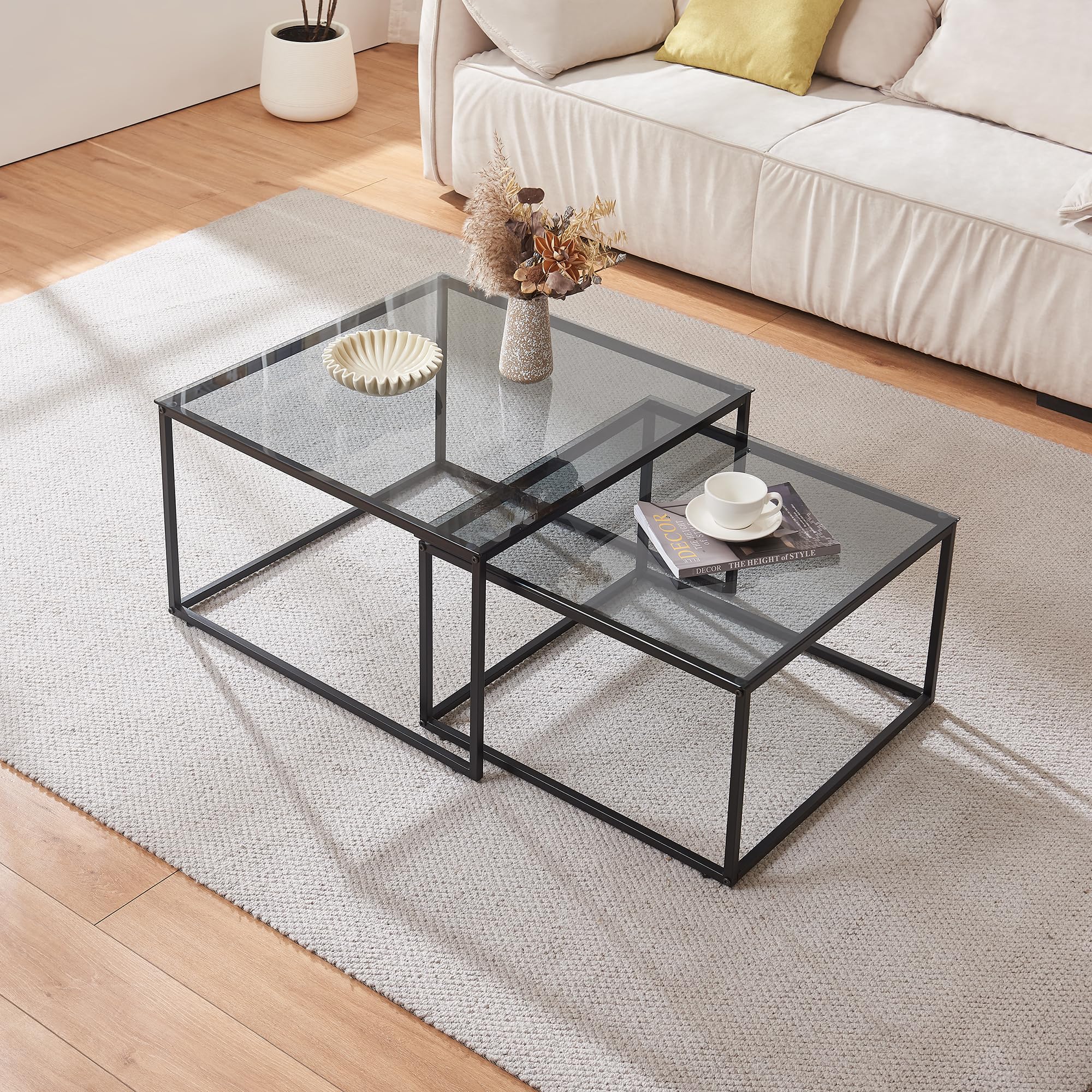 [en.casa] Lot de 2 Tables Basses Gigognes Ensemble de 2 Tables d'Appoint de Tailles Différentes Set de 2 Bouts de Canapé Design Industriel Gain de Place Acier Verre Trempé Noir Verre Fumé Gris