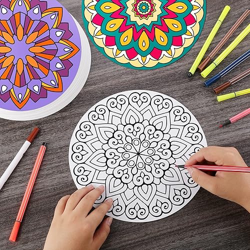 Miniatura 4 de Kinlop 48 cartulina para colorear con mandala mullida, 9 pulgadas, mini tarjetas para colorear para aliviar el estrés, patrón de mandala, tarjetas