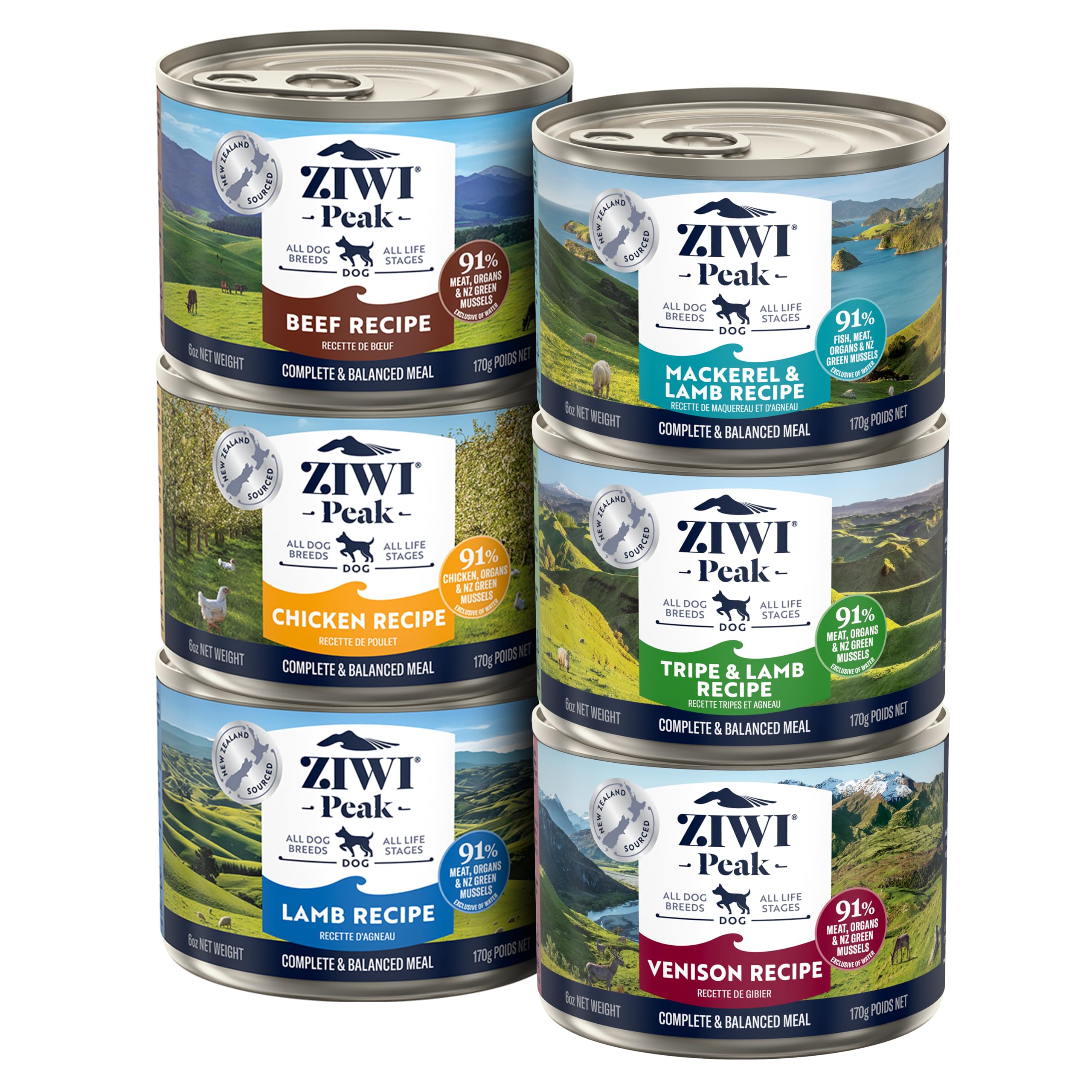 ZIWIPeak Wet Dog Food Variety Pack - Beef, Chicken, Lamb, Mackerel, Tripe, Venison, 6 Pack (6oz Each)