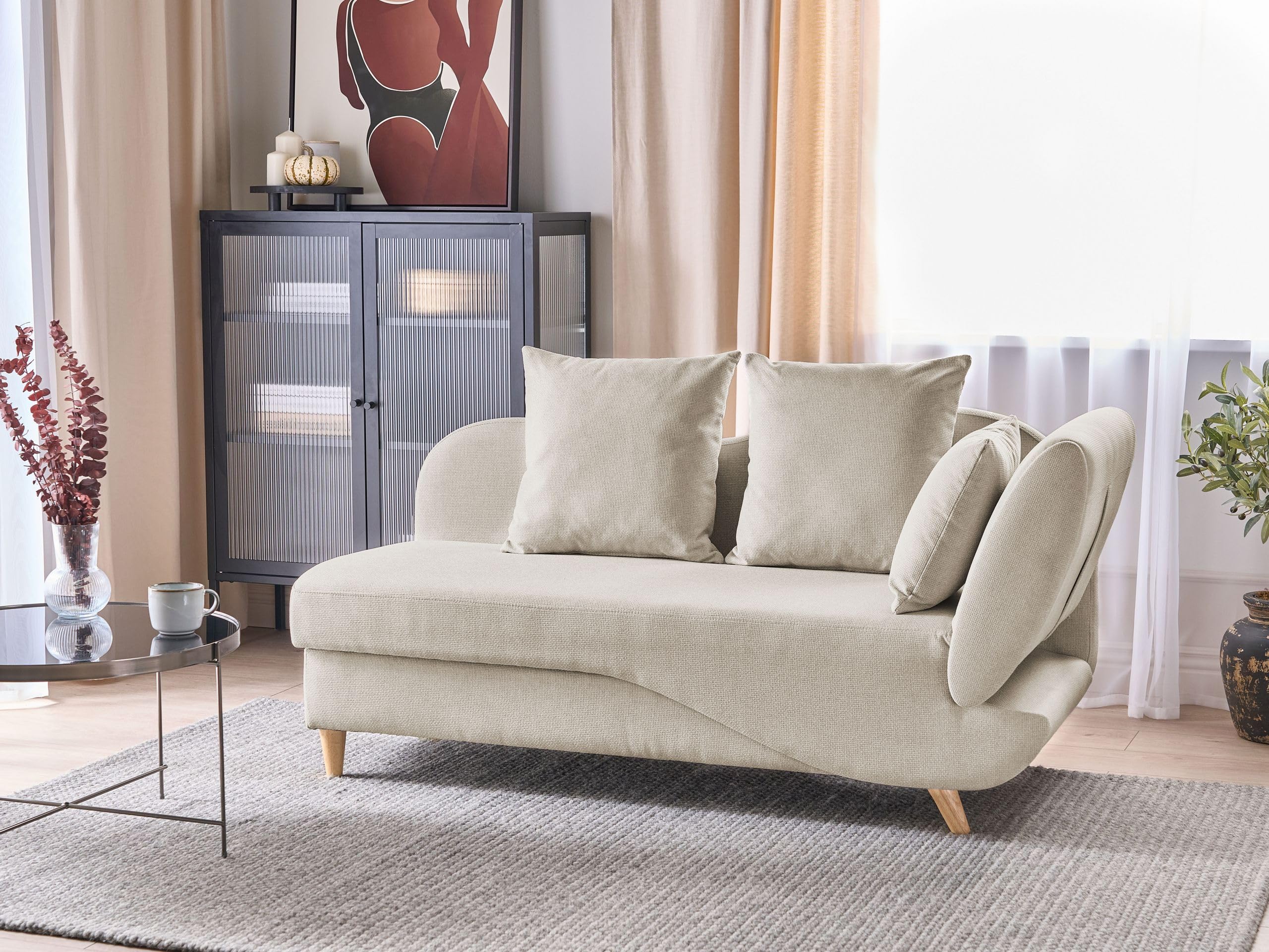 Beliani Chaiselongue Leinenoptik beige rechtsseitig mit Stauraum Kissen modern Meri II