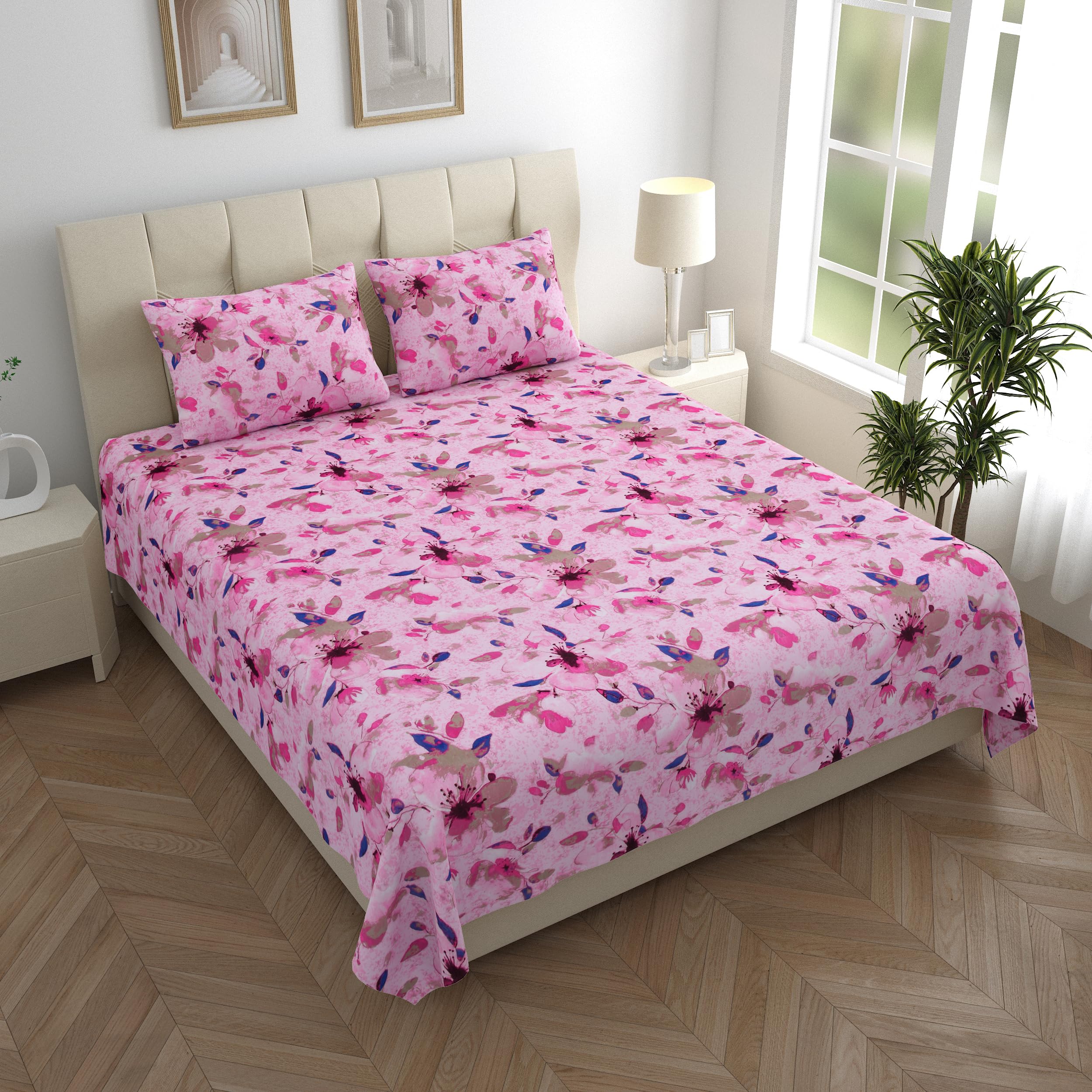 LINENWALAS 100% Pure Cotton Bedsheets for King Size Bed - 200 TC Crisp & Soft Printed Flat Bed Sheet with Pillowcases (108"x108" King, Pink Paradise) (B0DGT7VHC6) Amazon Price History, Amazon Price Tracker