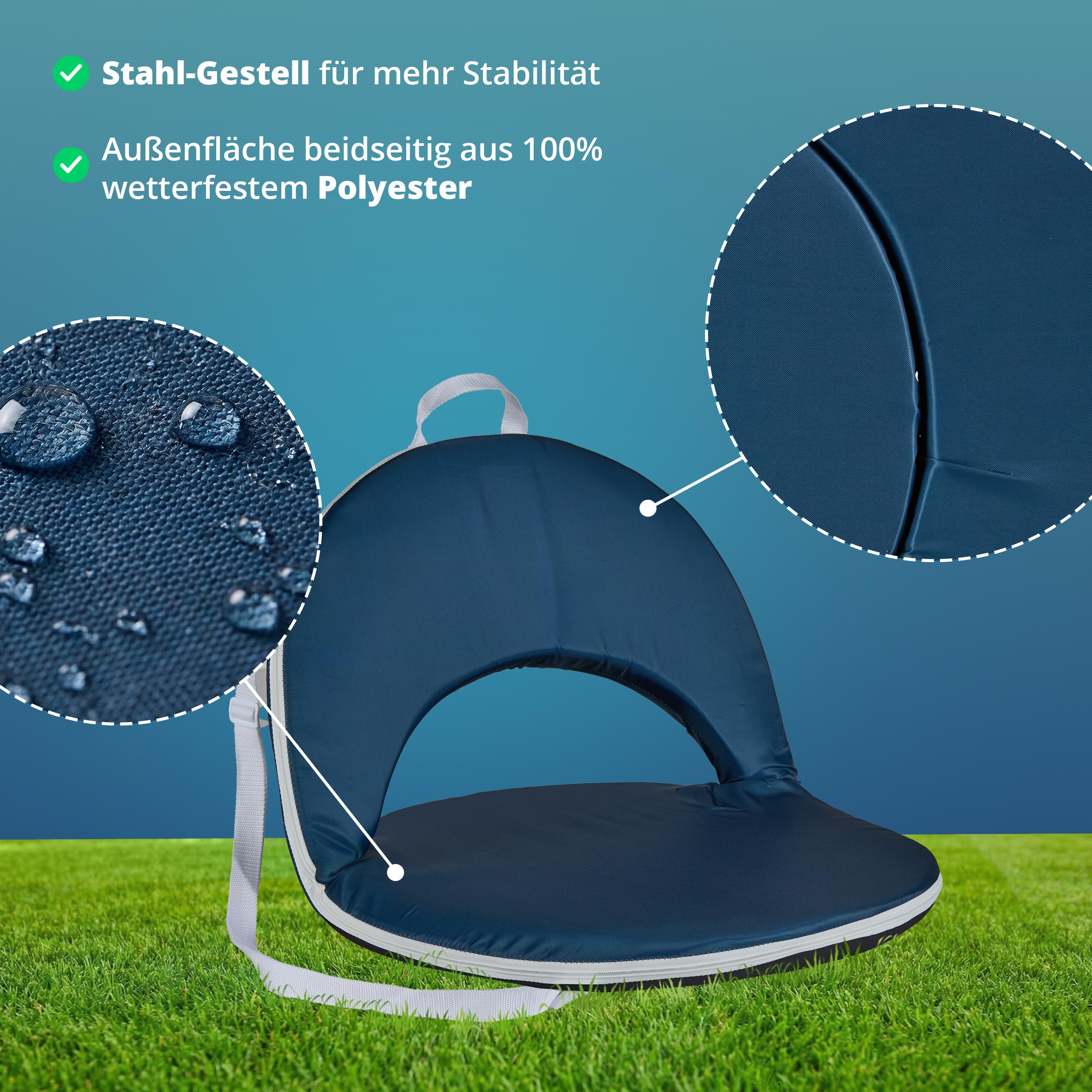 KHG Sitzkissen 2 Stück blau, Strandliege mit Verstellbarer Rückenlehne | faltbarer Bodenstuhl aus Polyester und Stahl-Gestell mit Schulterriemen für Strand, Park usw, 2 kg 55x5x75 cm