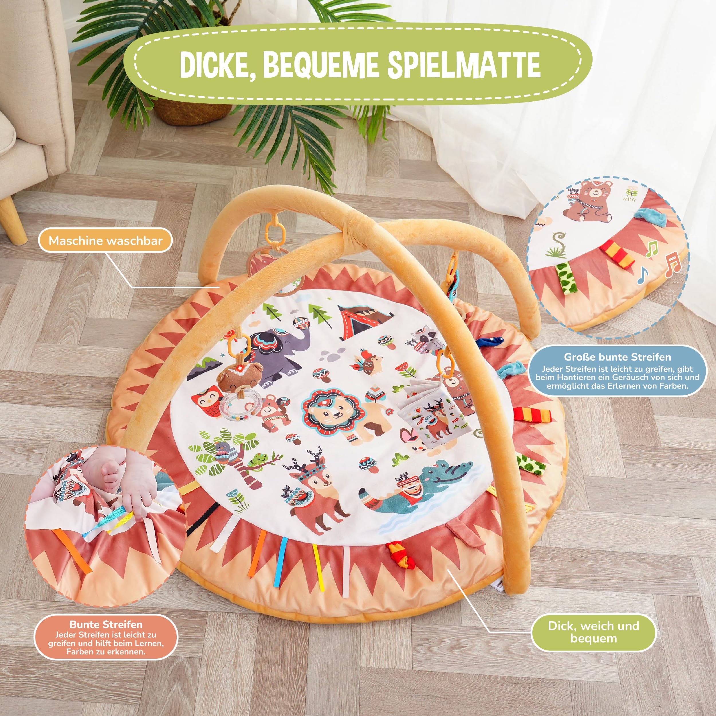 Baby Spielbogen Montessori 0-12 Monate | Evolutive Spieldecke mit Bogen für Mädchen und Jungen | Dicke und Bequeme Spielmatte | Sensorisches Activity Gym | Baby Krabbeldecke | Pädagogische Spielmatte