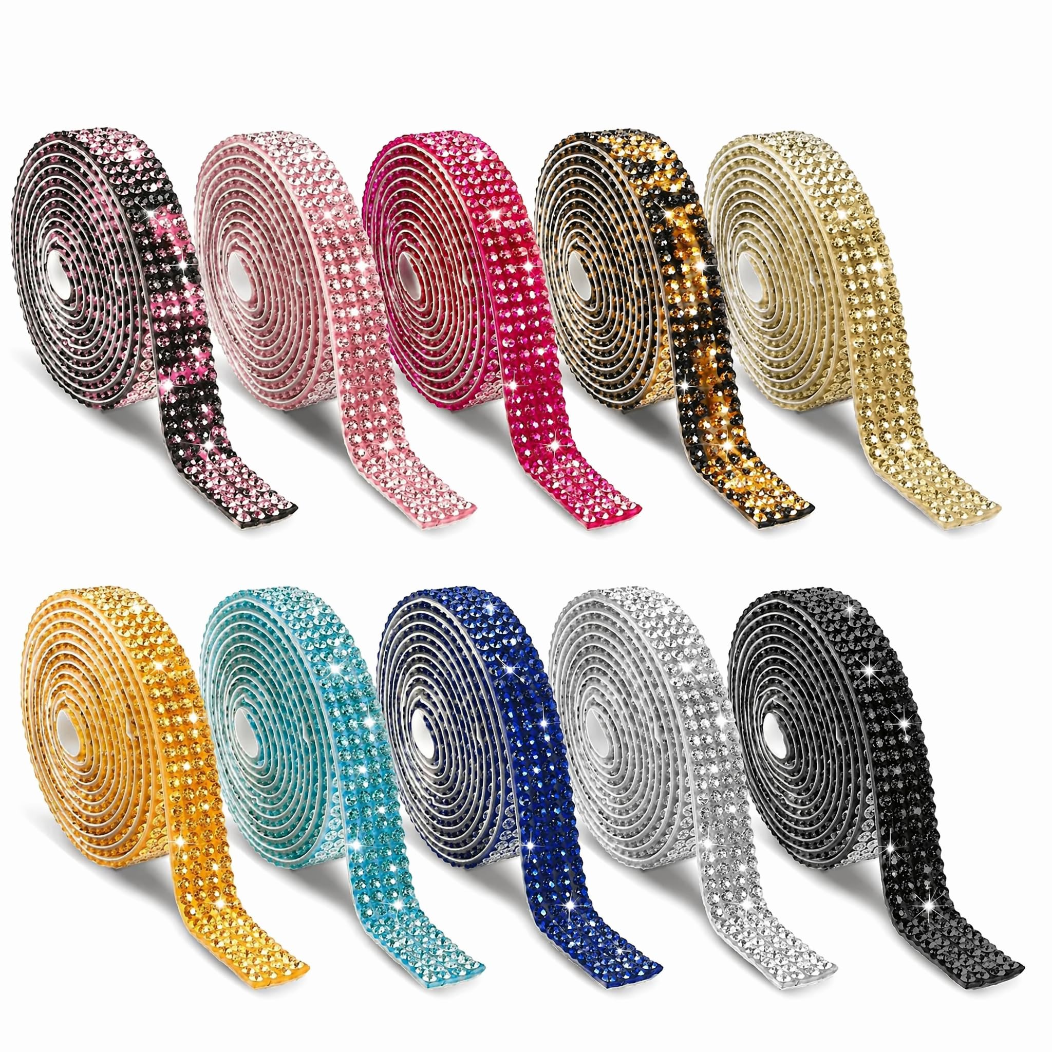 10 Rolls Self Adhesive Crystal Rhinestone Diamond Ribbon Strips, 0.9cm Bling Gem Stickers for DIY Crafts, Clothes, Shoes, Wedding Decor, Assorted Colors
