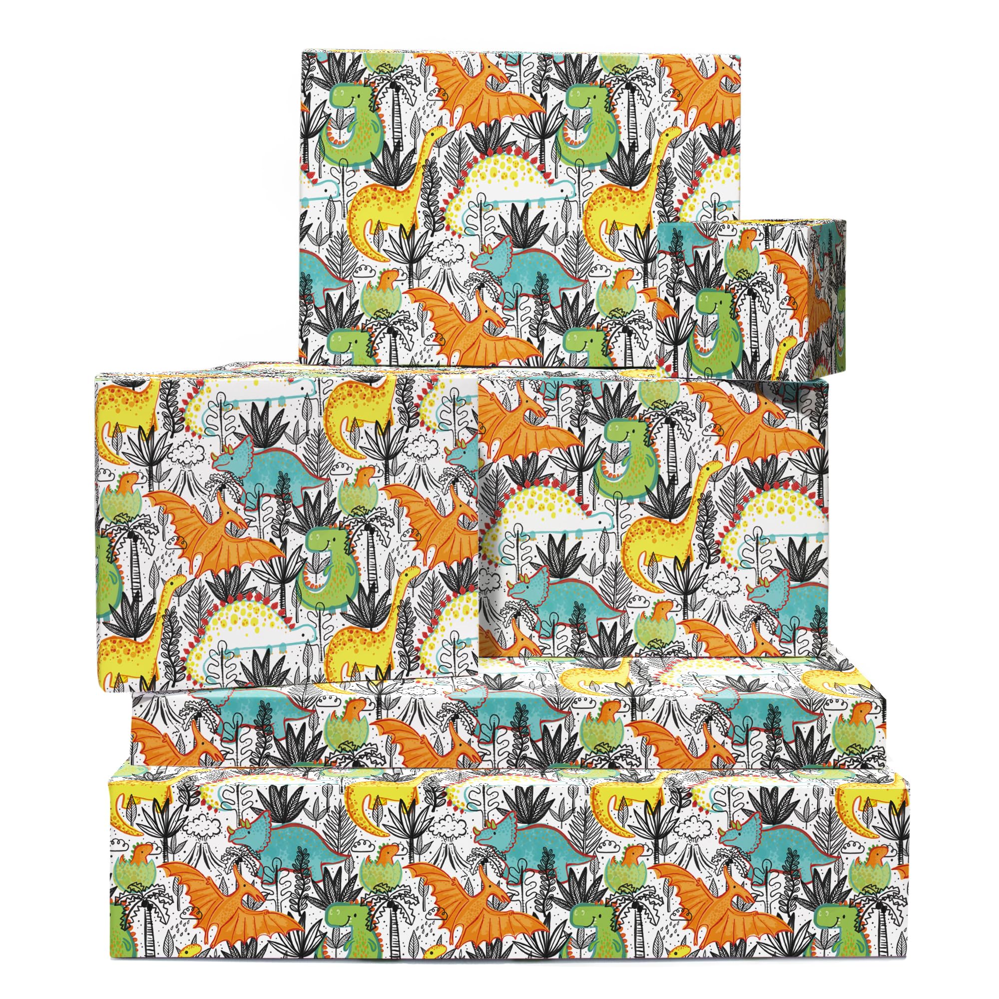 Dinosaur Wrapping Paper - 6 Sheets of Birthday Gift Wrap - Sketchy Dinos and Plants - For Baby Shower Christening - Comes with Stickers - By Central 23