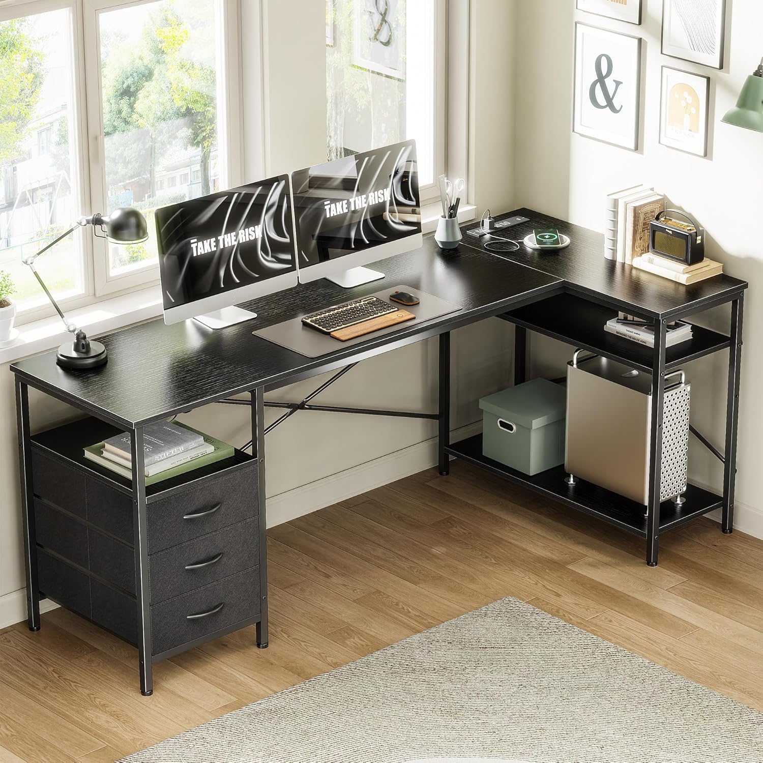 Huuger L Shaped Desk with Power Outlets, 63 Inch Reversible Computer Desk with 3 Drawers and Shelves, Home Office Table for Corner Work Study Writing Gaming, Black Black 63inch