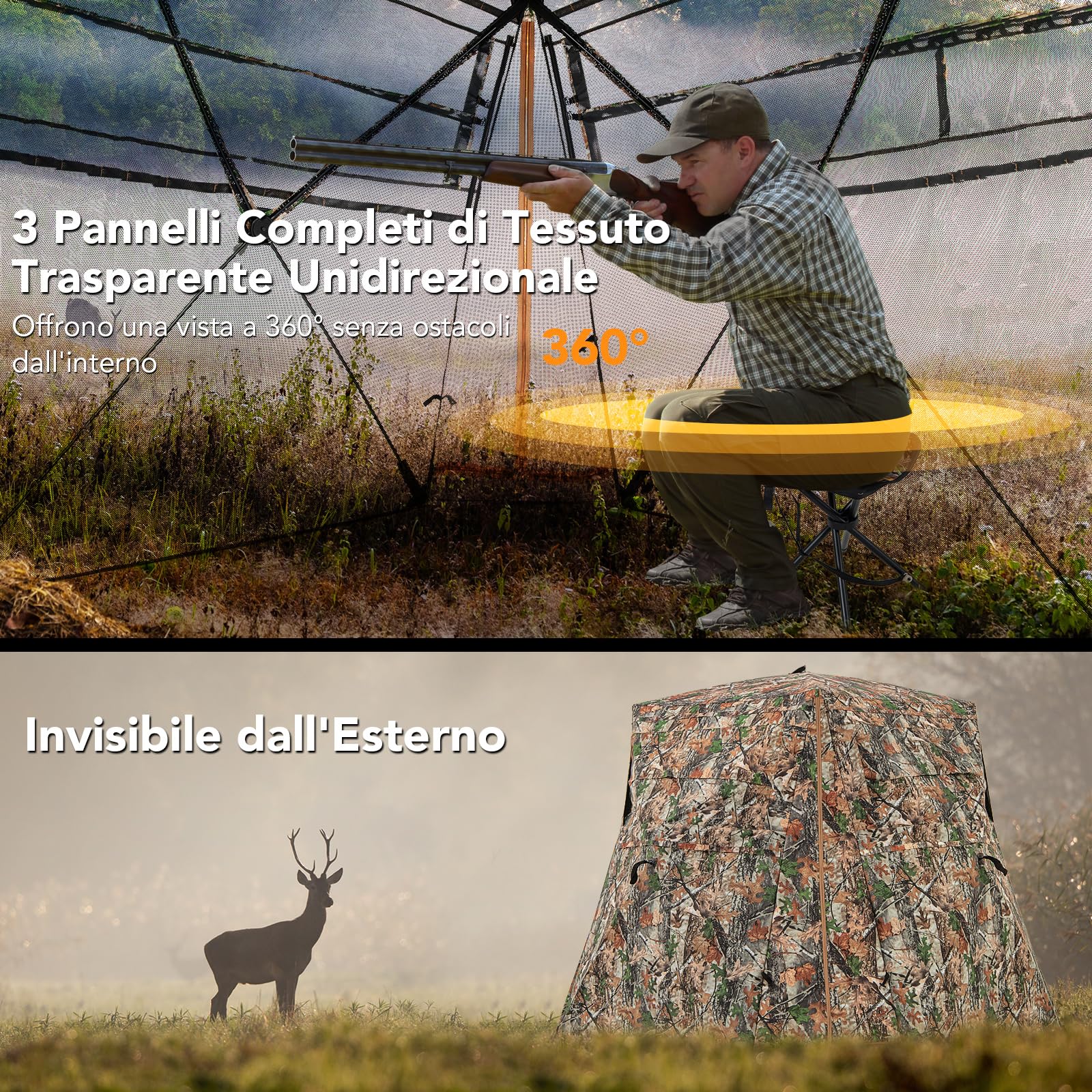 COSTWAY Tenda Mimetica per Caccia, 2-3 Persone, Visione a 360°, Camouflage, 249 x 211 x 175 cm