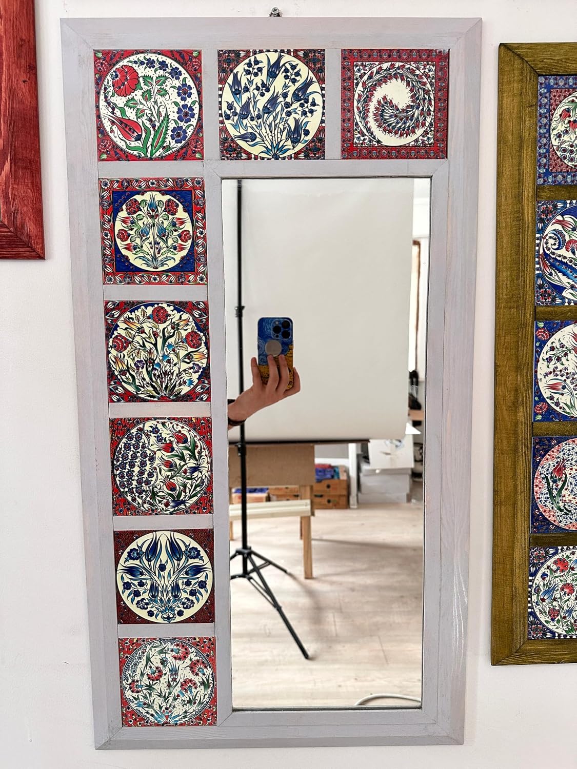 Ethnic Wall Hanging Tiled Wood Mirror, Rustic Console Mirror, Country Mirror, Framed Decorative Tile Mirror, Body Length Mirror, Phosphorus