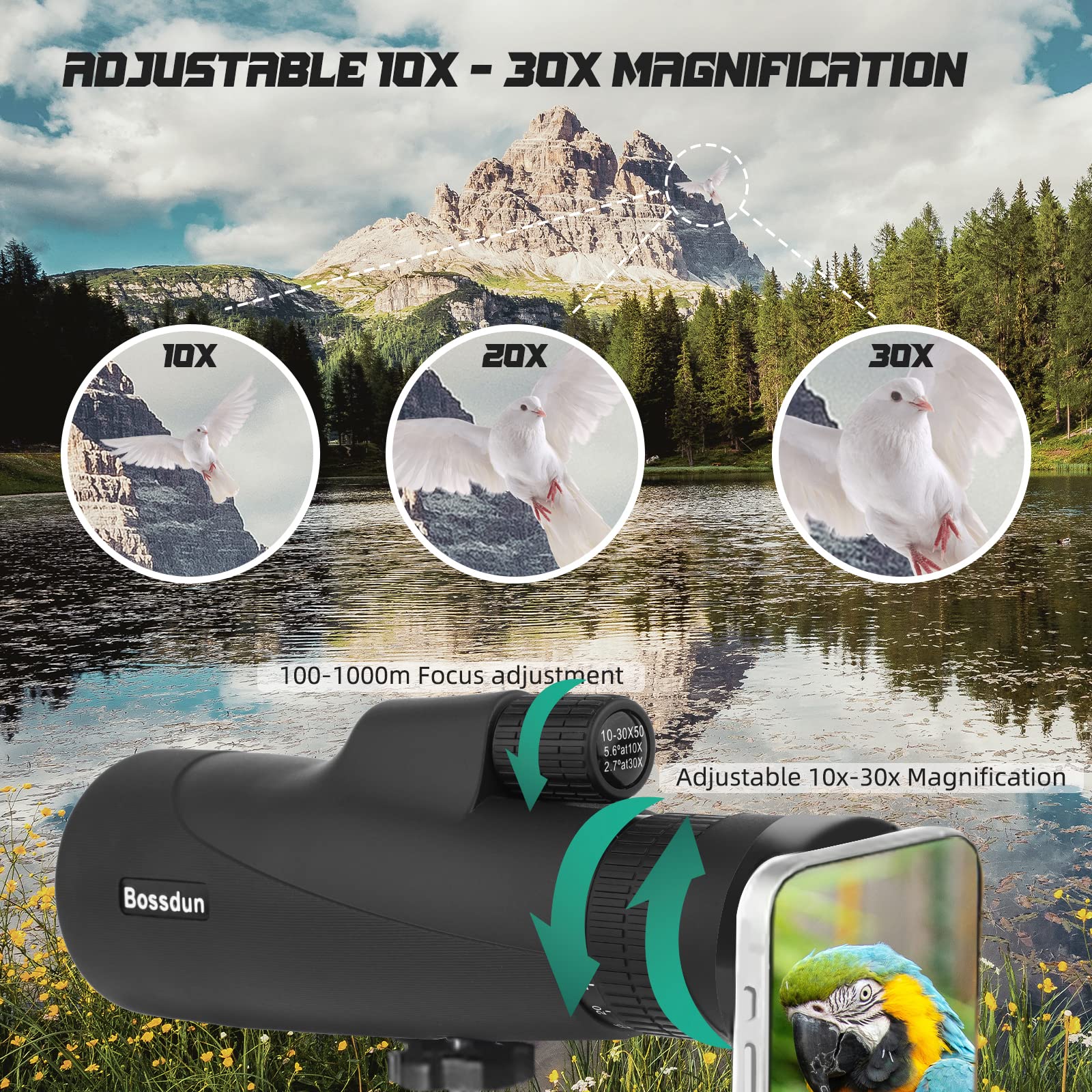 Télescope Monoculaire,Monoculaire 10-30X50 Zoom HD,Télescope Monoculaire à Prisme FMC BAK4 Haute Puissance avec Adaptateur de Téléphone à Bandoulière pour Observation des Oiseaux Chasse Camping