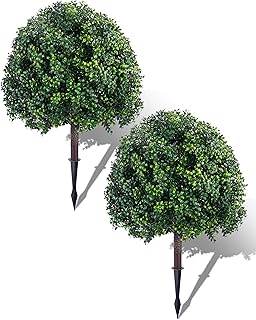 28 Inch Artificial Boxwood Trees, 2 Sets Faux Boxwood Topiary with Spikes, Pot Filler Fake Shrubs Plants for Outdoor Planters, Christmas Round Topiary Bush Balls Front Porch Decor