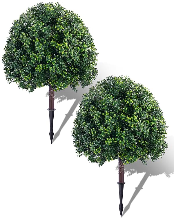 27.6" Outdoor Artificial Topiary Boxwood Tree, Faux Plants Shurbs with Ground Spike Outside, 2 Set Topiary Ball Tree Green, Waterproof UV Resistant Fake Plants for Porch Home Garden Spring Decor by ATLIKE - Used condition - CA$57.12
