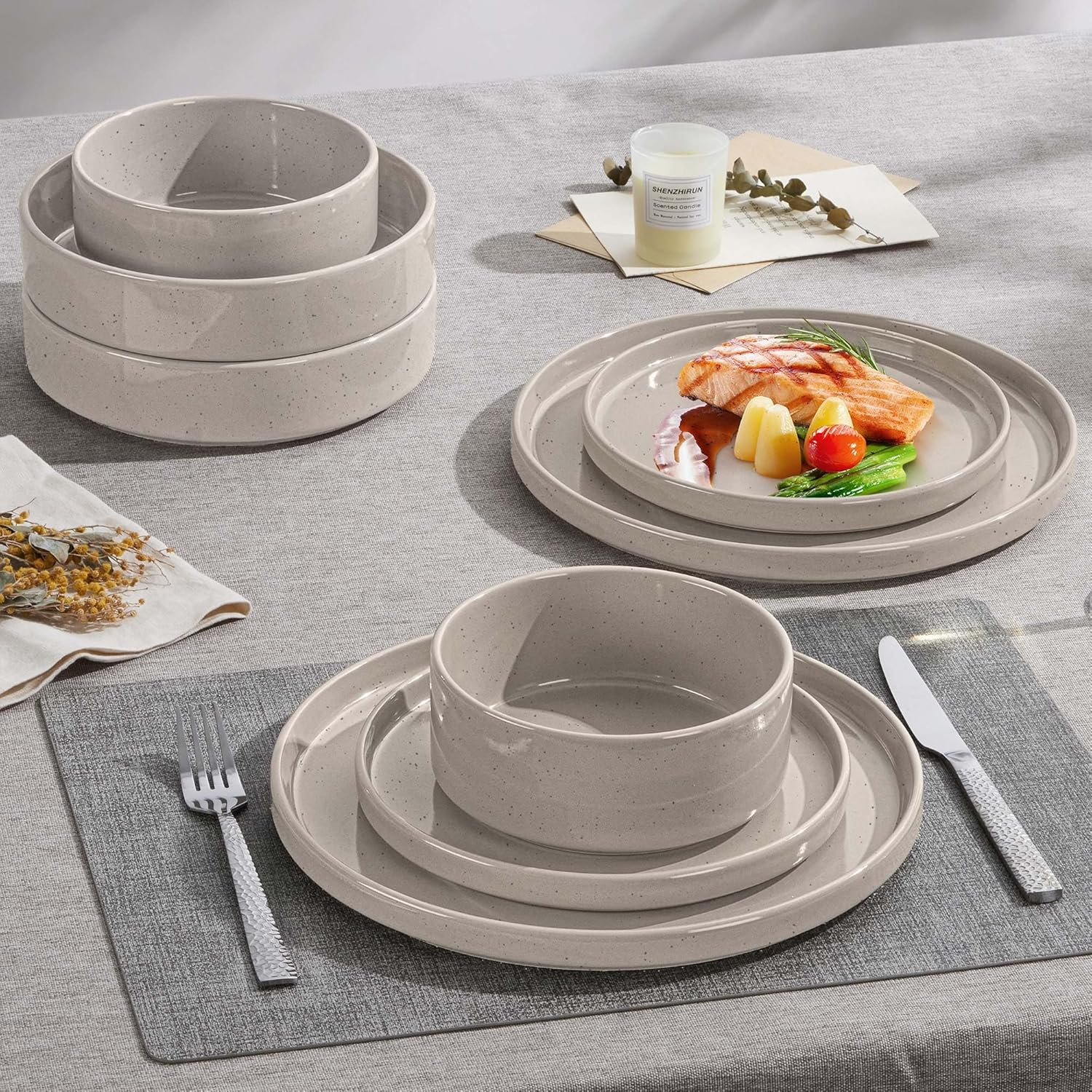 Herogo Pasta Bowls Set of 4, 35oz Large Stoneware Salad Bowls, Shallow Serving Pasta Plates for Kitchen, Microwave & Dishwasher Safe, Speckled Coffee Brown