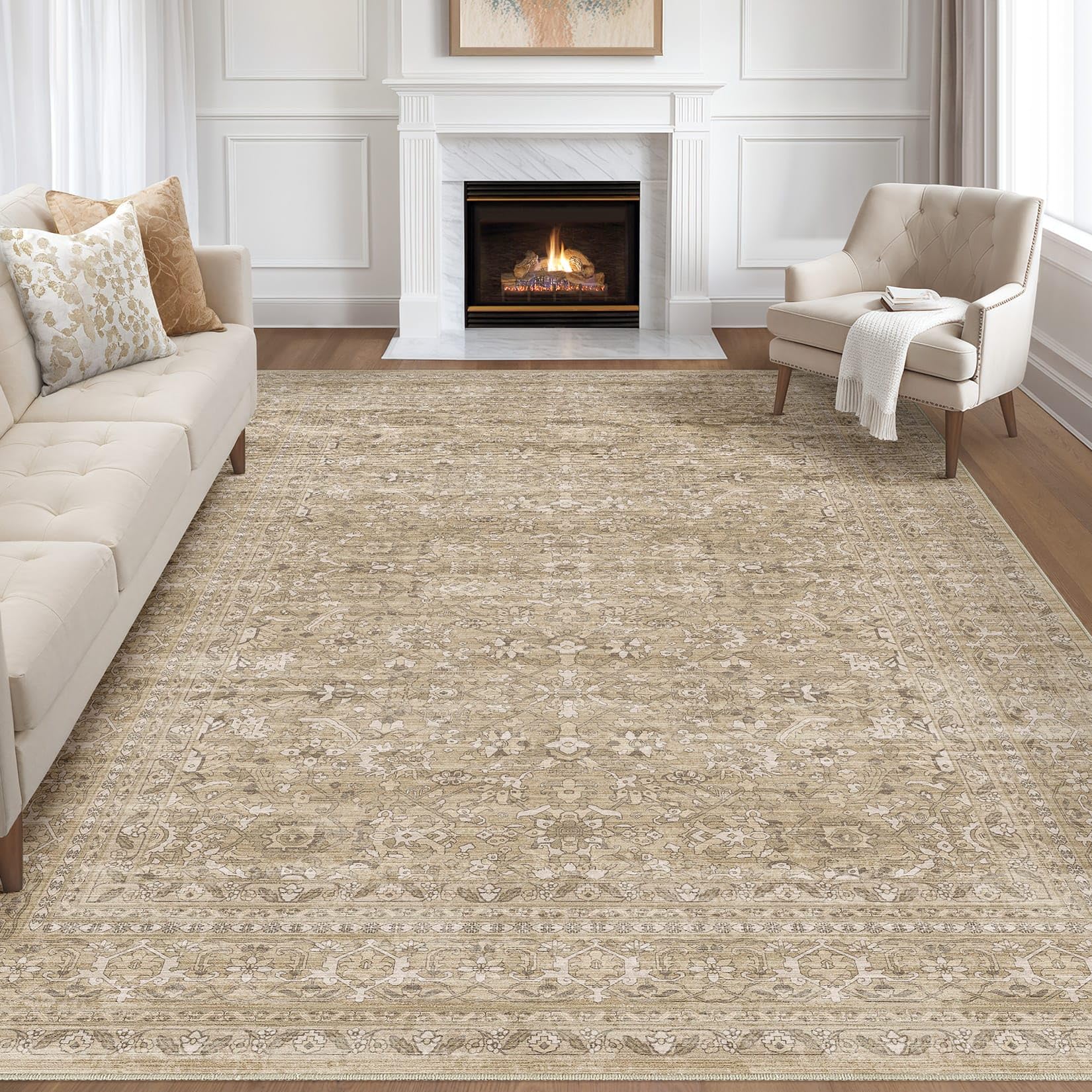 LOONGRUG 9x12 Area Rug Washable Vintage Floral Living Room Rug Brown