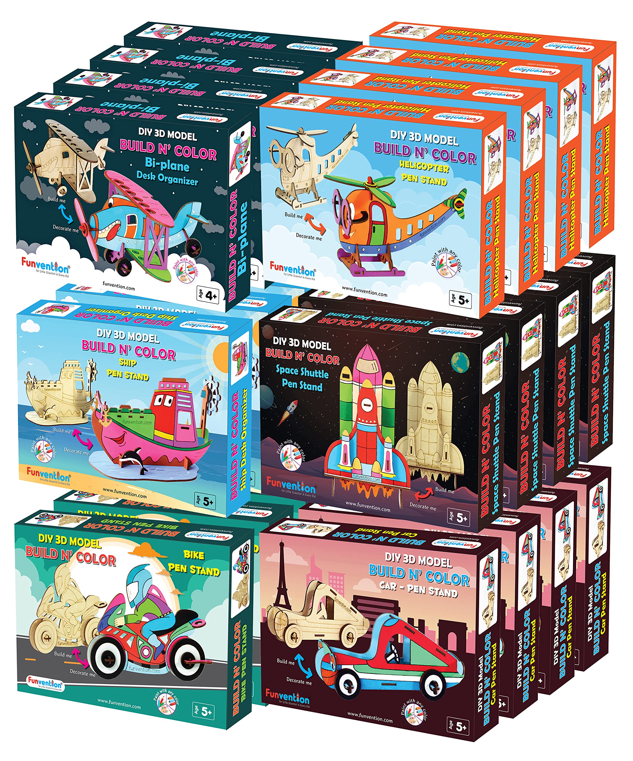 - Funvention 3D Coloring Models Combo of 24 (Bi Plane,Ship,SpaceShuttle,Bike, Car & Helicoter) -DIY Desk Organizer Pen Stand -STEM Leanring 3D Puzzle Toy - Coloring Kit for Kids -Birthday Return Gifts