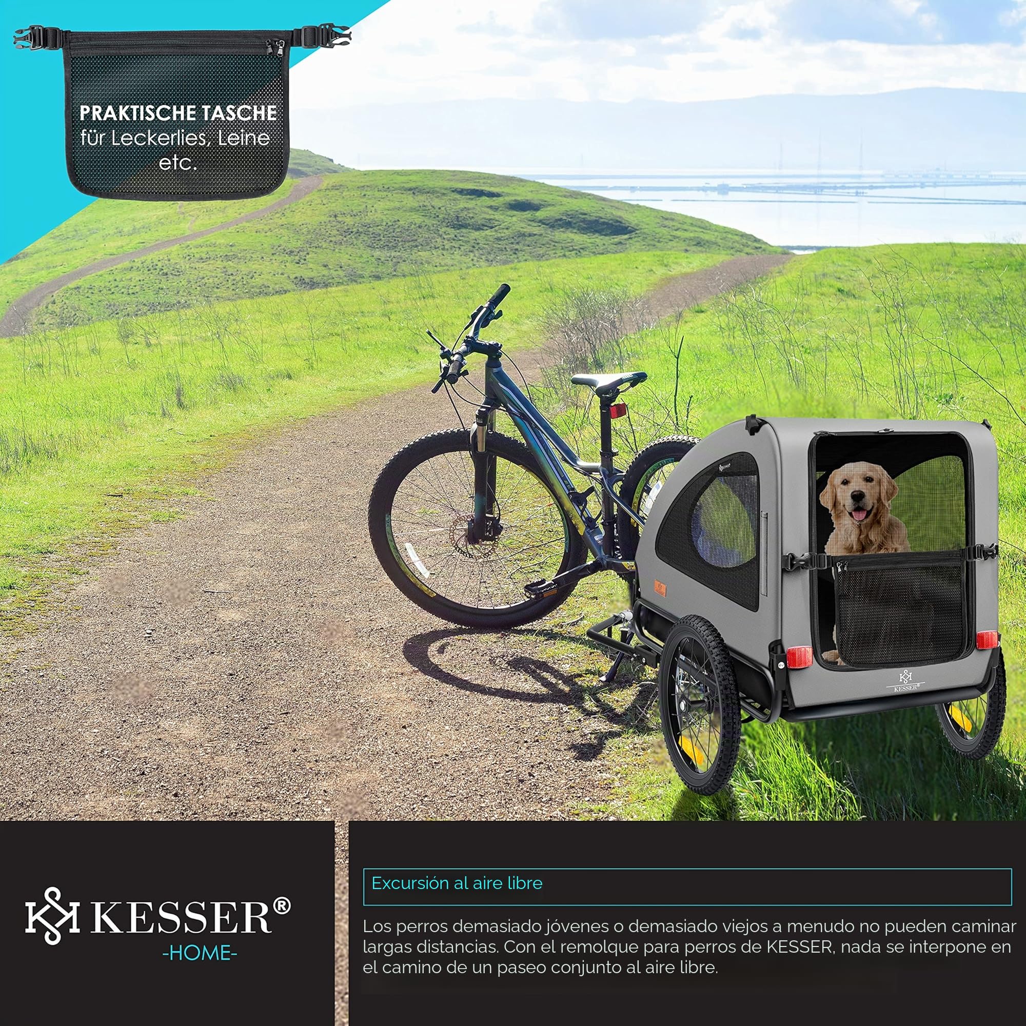 KESSER® Boxer 2 en 1, Remolque para Perros, Silla de Paseo para Perros, Remolque de Bicicleta Grande Aprox. 250 l de Volumen. Incl. Bandera y Bolsa, Lona Oxford 600D, máxima: 45 kg Gris/Negro
