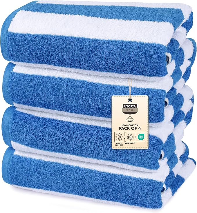 Utopia Towels 4 Pack Cabana Stripe Beach Towel, 30 by 60 Inches, Oversized 100% Ring Spun Cotton Pool Towels, Highly Absorbent Quick Dry Bath Towels for Beach, and Swim, Blue