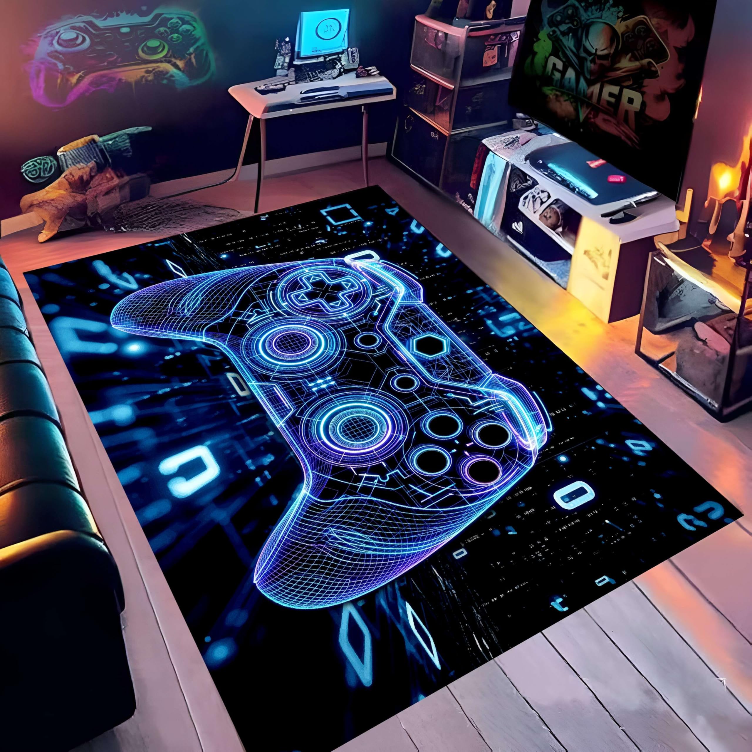 Gaming Teppich, 160x200cm Jungen Mit Coolem 3D Design im Stil Eines Blauen Controllers, Groß, Waschbar, Farbecht und rutschfest Teppich für Wohnzimmer, Schlafzimmer und Jugendzimmer.