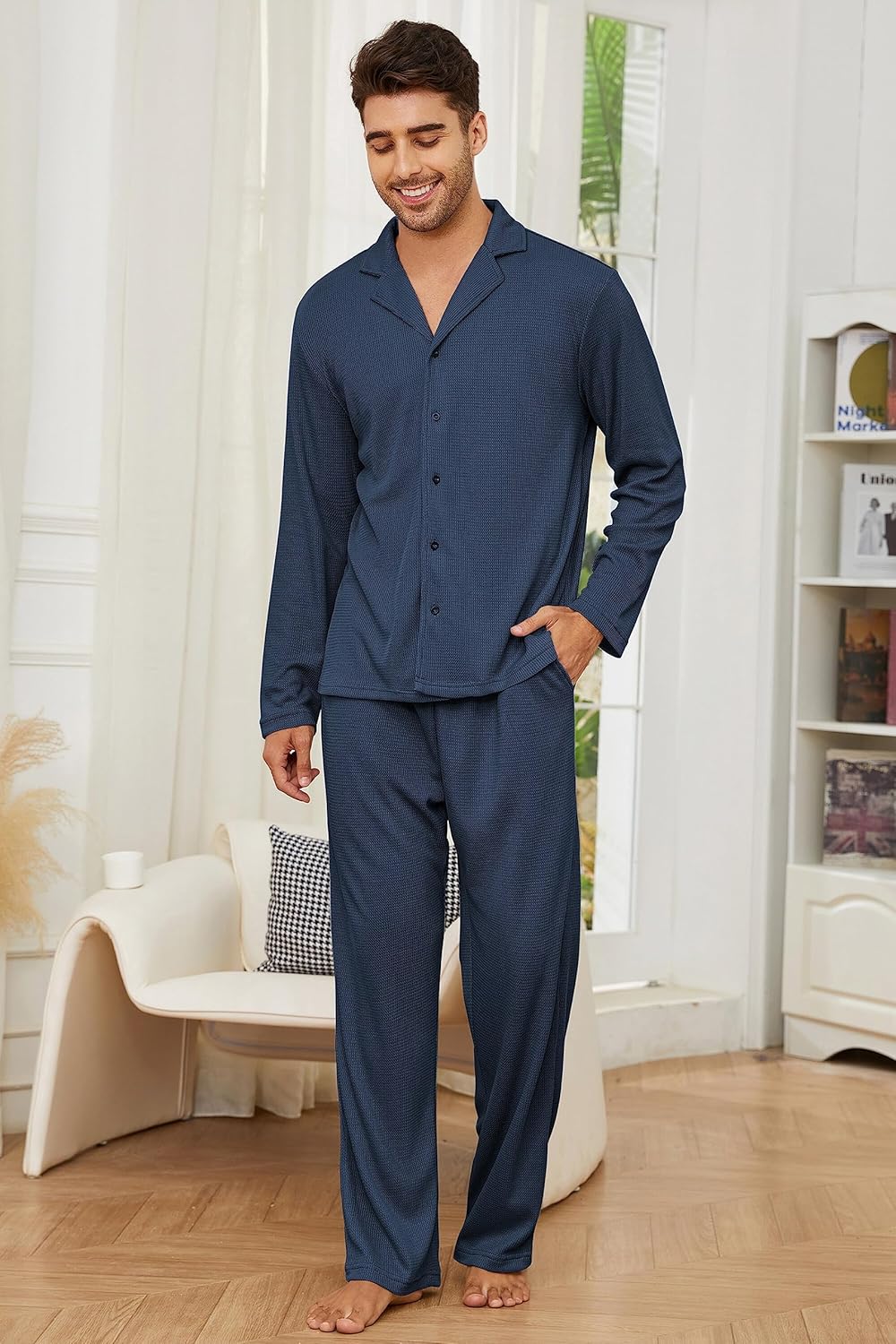 Andeip Men's Pajama Set Waffle Knit Lounge Pjs Set Long Sleeve Top and Pants Sleepwear 2 Piece Button Down Loungewear - Image 2