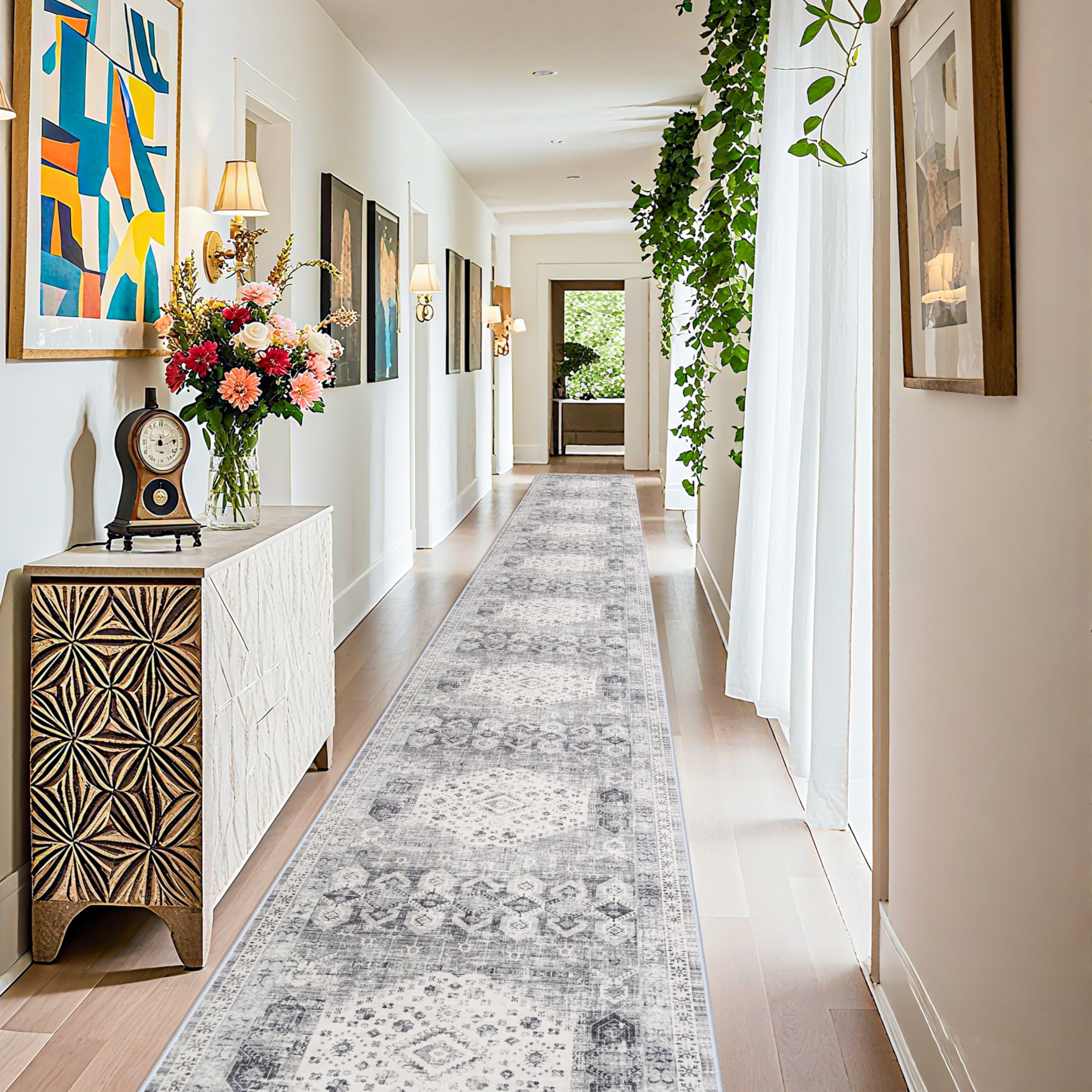 Washable 3x25 Hallway Runner Rug - Extra Long Vintage Non Slip Stain Resistant Rugs for Entryway Hall Kitchen Indoor Soft Living Room Bedroom Carpet Durable Low Pile Home Decor Floor Mat 3'x25' Grey