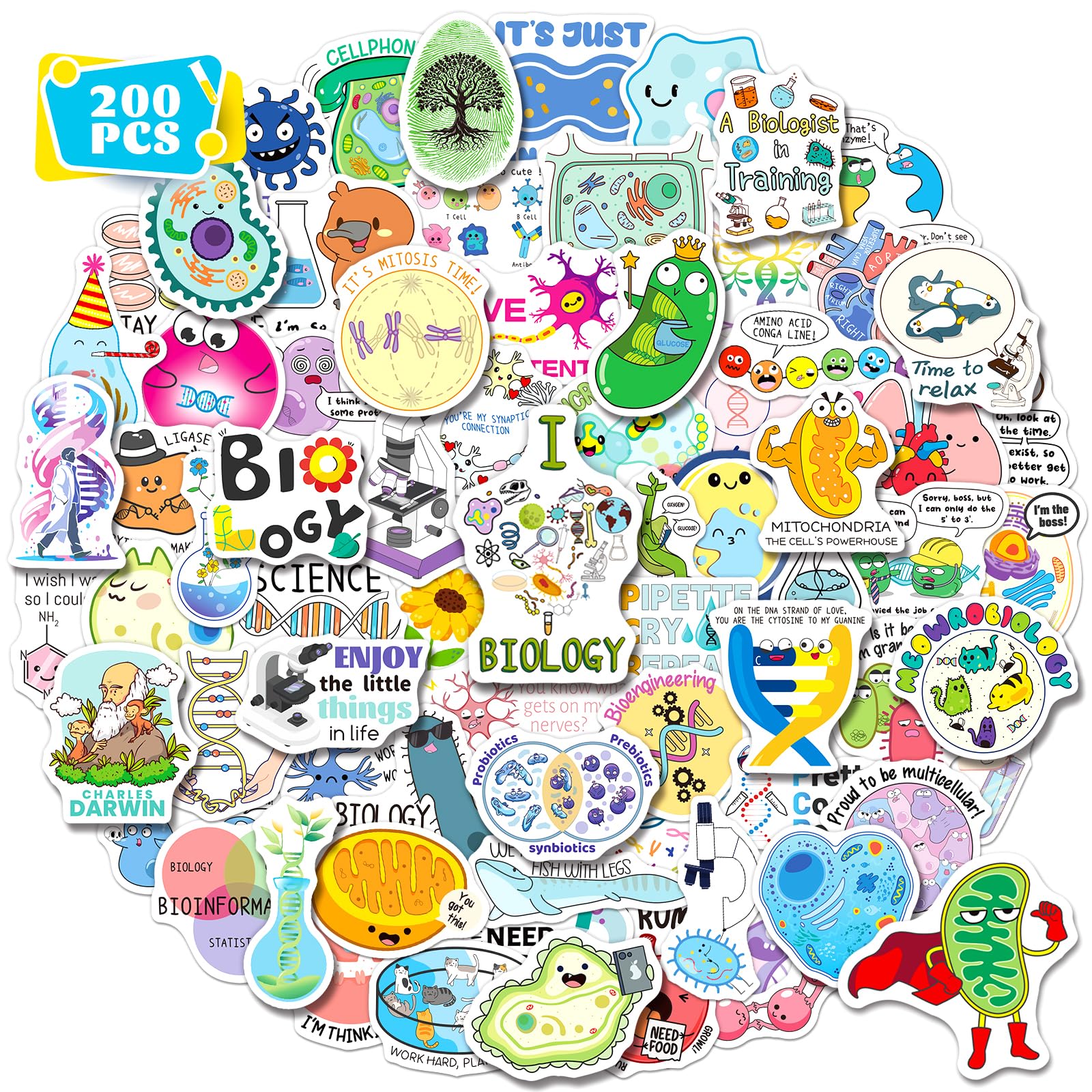 HomSeon 200 PCS Biology Stickers, Waterproof Microbiology Stickers for Laboratory Notebook Scrapbook Water Bottle Funny Biology Decals for Teachers