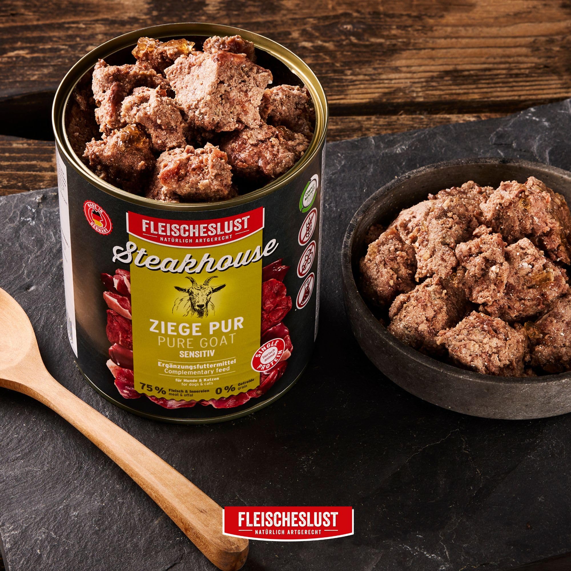 Fleischeslust Comida húmeda para perros y gatos | Steakhouse cabra pura (6 x 800 g) | latas de carne pura | monoproteína | alimentos complementarios | sin cereales | sensible