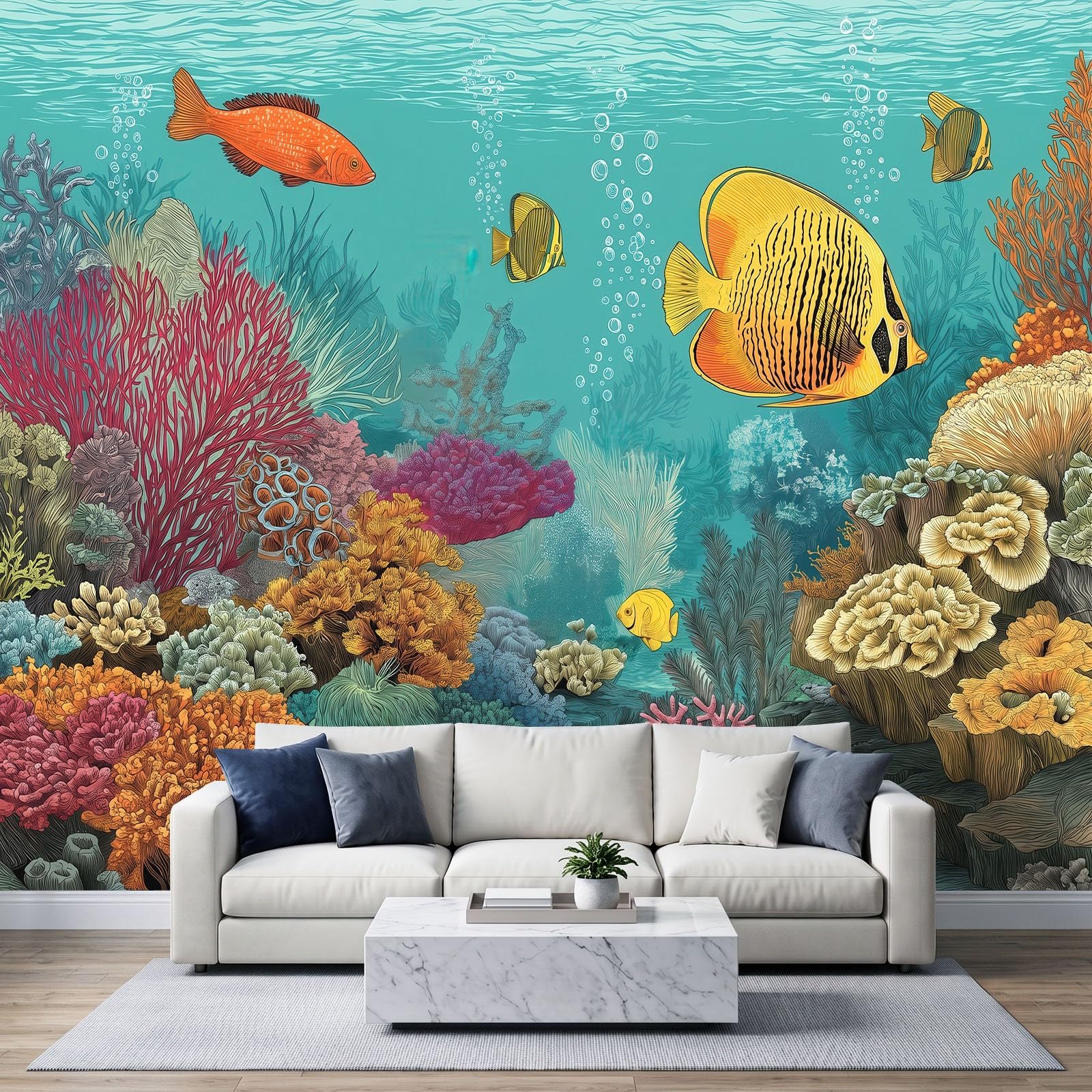 500 x 280 cm, fototapeta z włókniny, na wymiar, podwodny krajobraz, rafy koralowe, ryby, turkusowa, fotorealistyczna, tapeta na flizelinie, tapeta z motywem, dekoracja ścienna, dekoracja ścienna