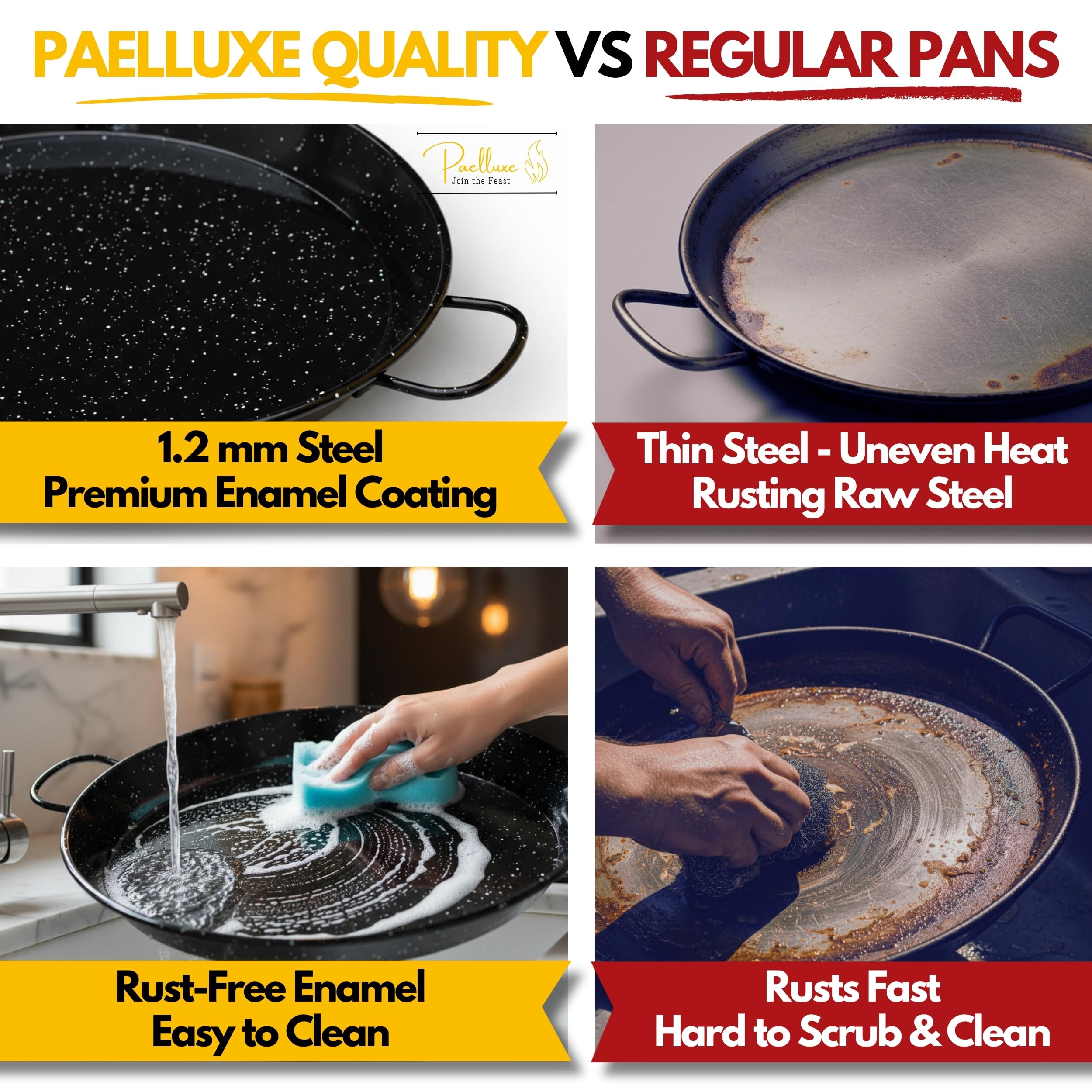 Paelluxe Paellera – Sartén de acero esmaltado, no se oxida, sartén fácil de limpiar para quemadores de propano y gas, cocina en interiores y exteriores, paellera sarten, 20 pulgadas, para 14 porciones