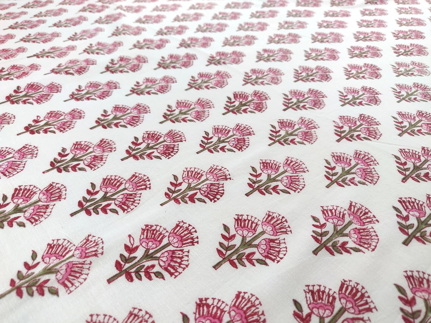 AVKA Studio Hand Block Print Fabric by the yard - PRECUT 3 yard 42 Inch Width - 100% Cotton Material - White Pink & Red Floral Pattern - Light Weight Indian Cloth for making Summer Dress tops projects