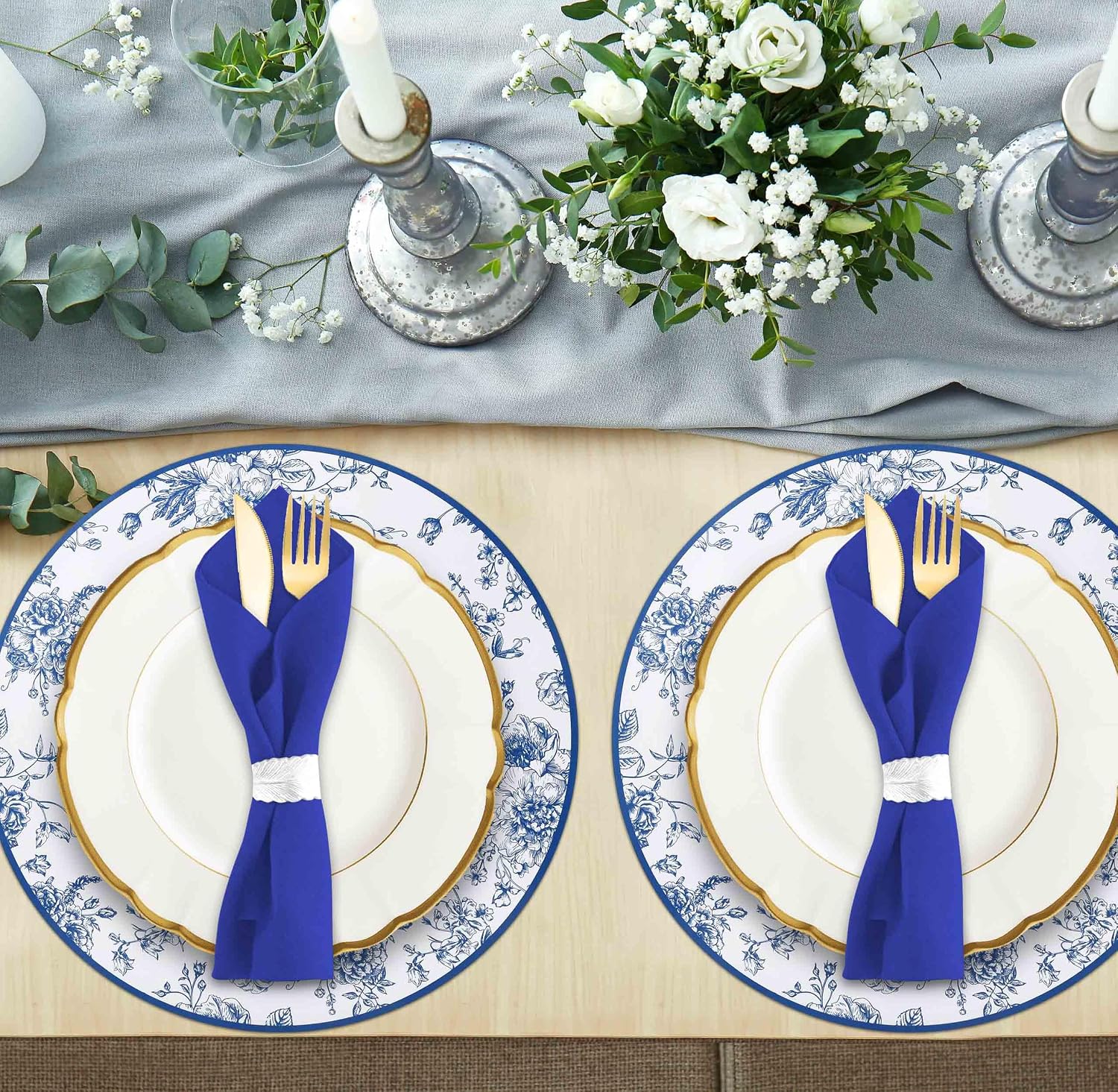 Disposable Blue Floral Paper Table Mats 50 Pack 13.5" Round Decorative Chinoiserie Flower Charger Placemats for Wedding Birthday Dinner Party Setting