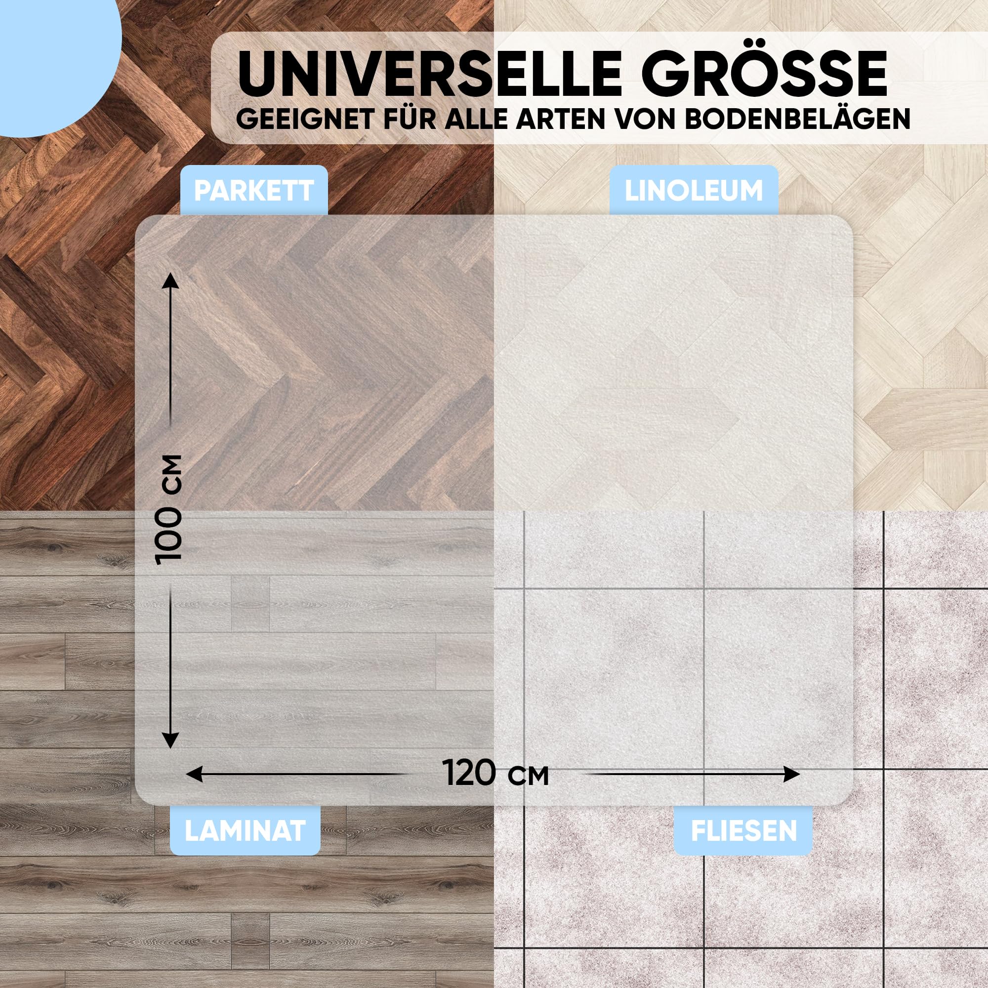 Björn&Schiller Bodenschutzmatte 100 x 120 cm Kratzschutz Schreibtischunterlage, Transparent, rutschfeste Bürostuhlunterlage, Bodenmatte, Stuhlunterlage, Stärke: 1,5 mm