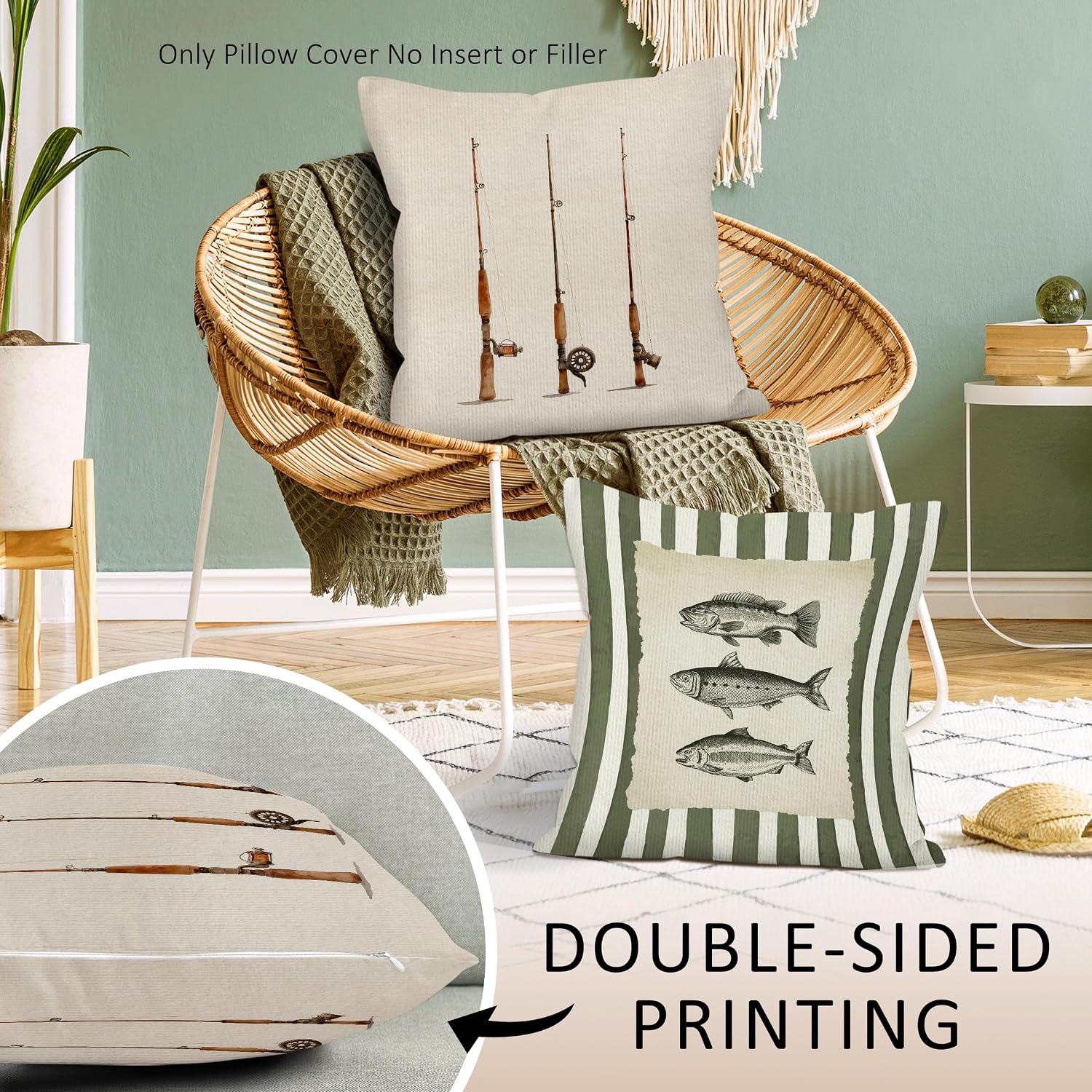 Vintage Fishing Rod Fish Throw Pillow Covers Set of 2, Fisherman Pillow Case Cover for Home, Green Striped Fish Square Pillowcase, Fishing Theme Decor Cushion Cover Case for Sofa Bed,18x18 image 3