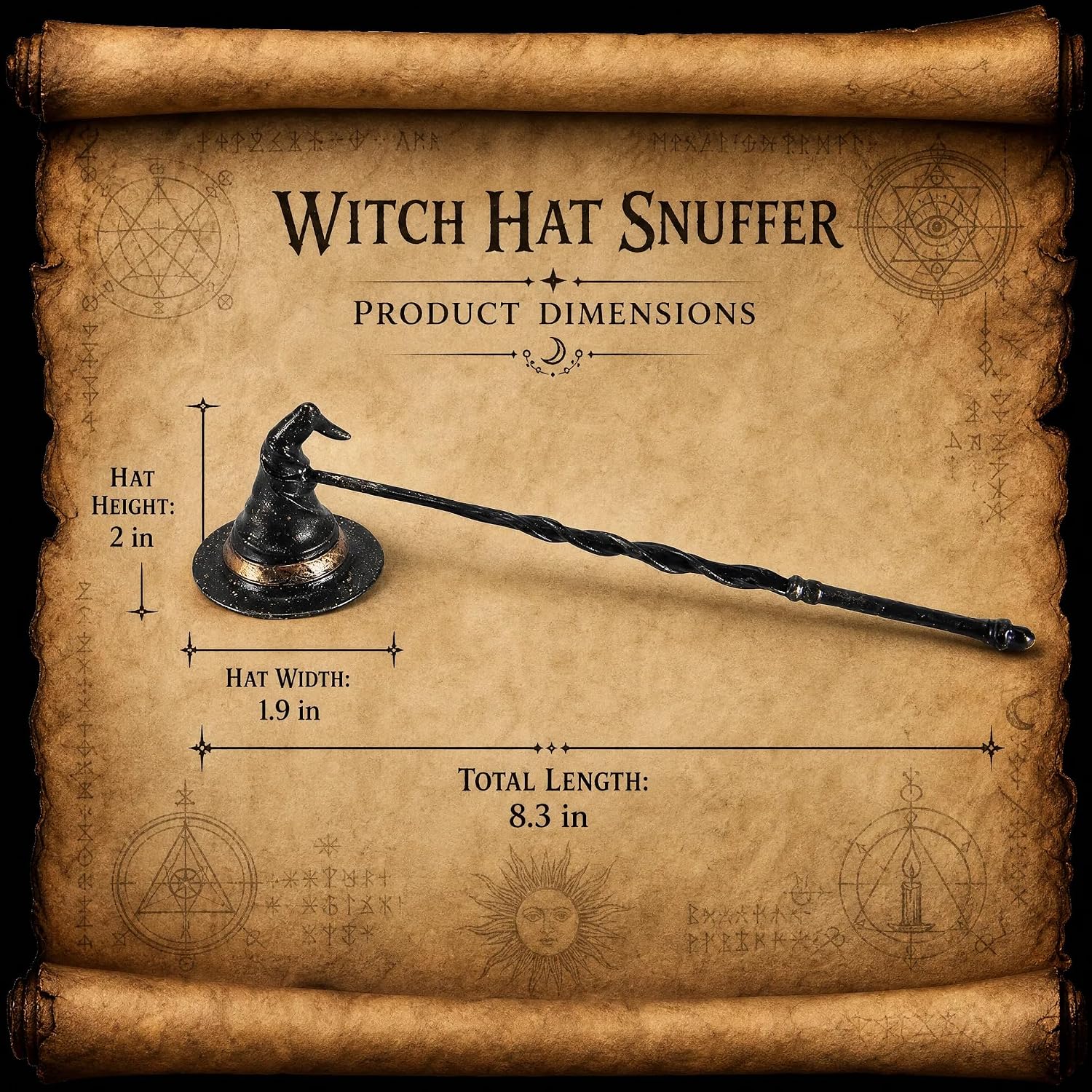 Gothic Witch Hat Candle Snuffer with Long Handle - Black Gothic Wizard Hats Metal Candle Extinguisher for Halloween Decor, Handcrafted Witchy Candle Accessory & Gothic Home Decor Gift