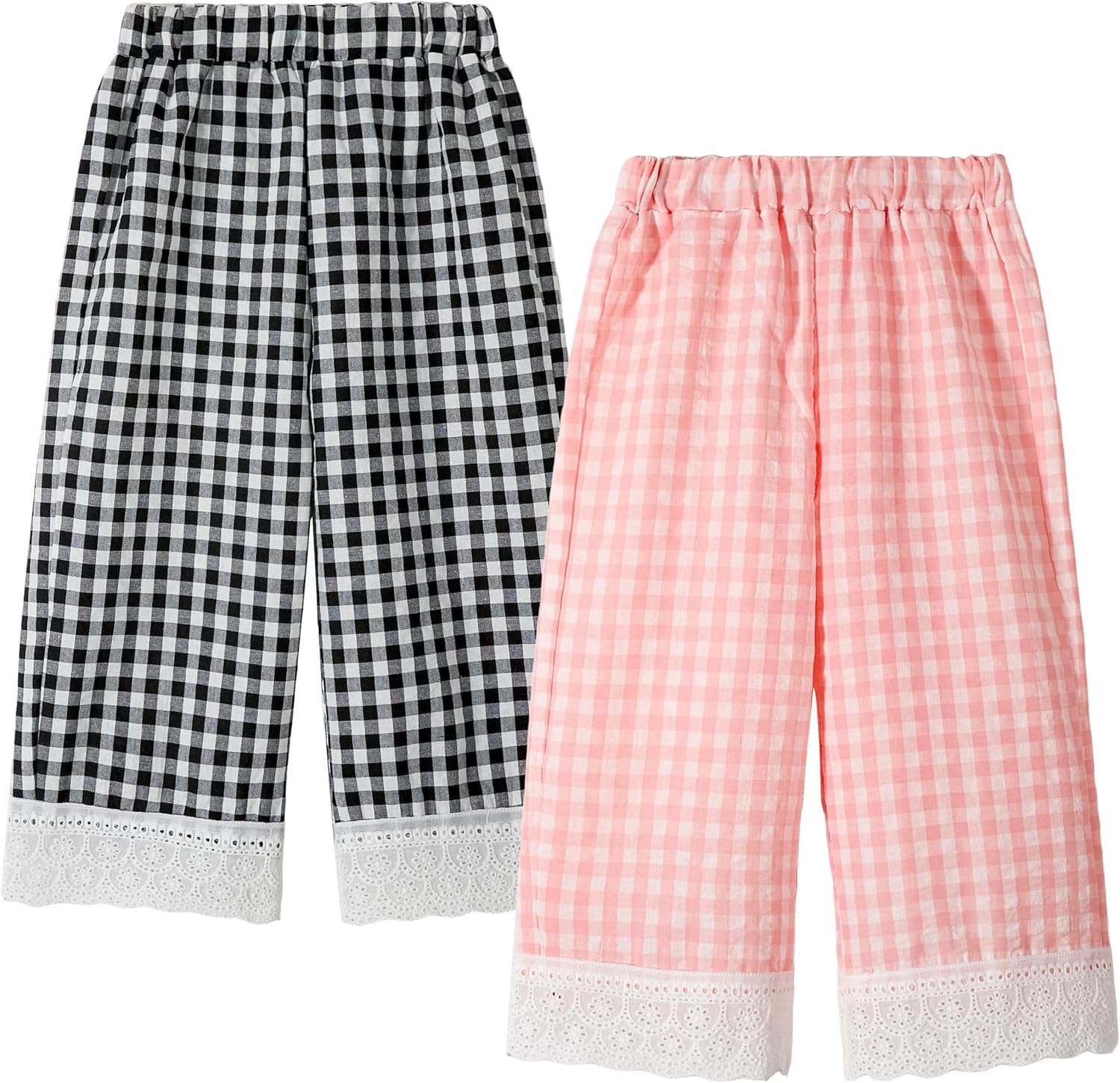 Miipat Toddler Girls Wide Leg Pants Elastic Waist 2 Pack Gingham Pants Kids Loose Checkered Plaid Lace Bottoms