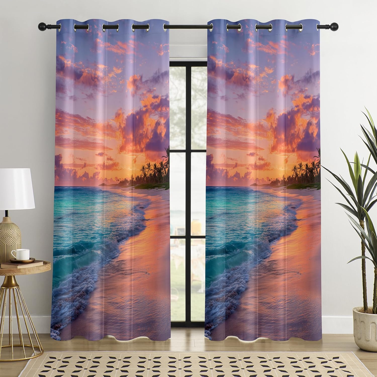 Tropic Sunset Blackout Curtains, Tropical Gradient Sunset Drapes, 100% Light Blocking, Thermal Insulated & Noise Reducing Curtains for Bedroom, Grommet Top 52 x 84 Inches, 2 Panels