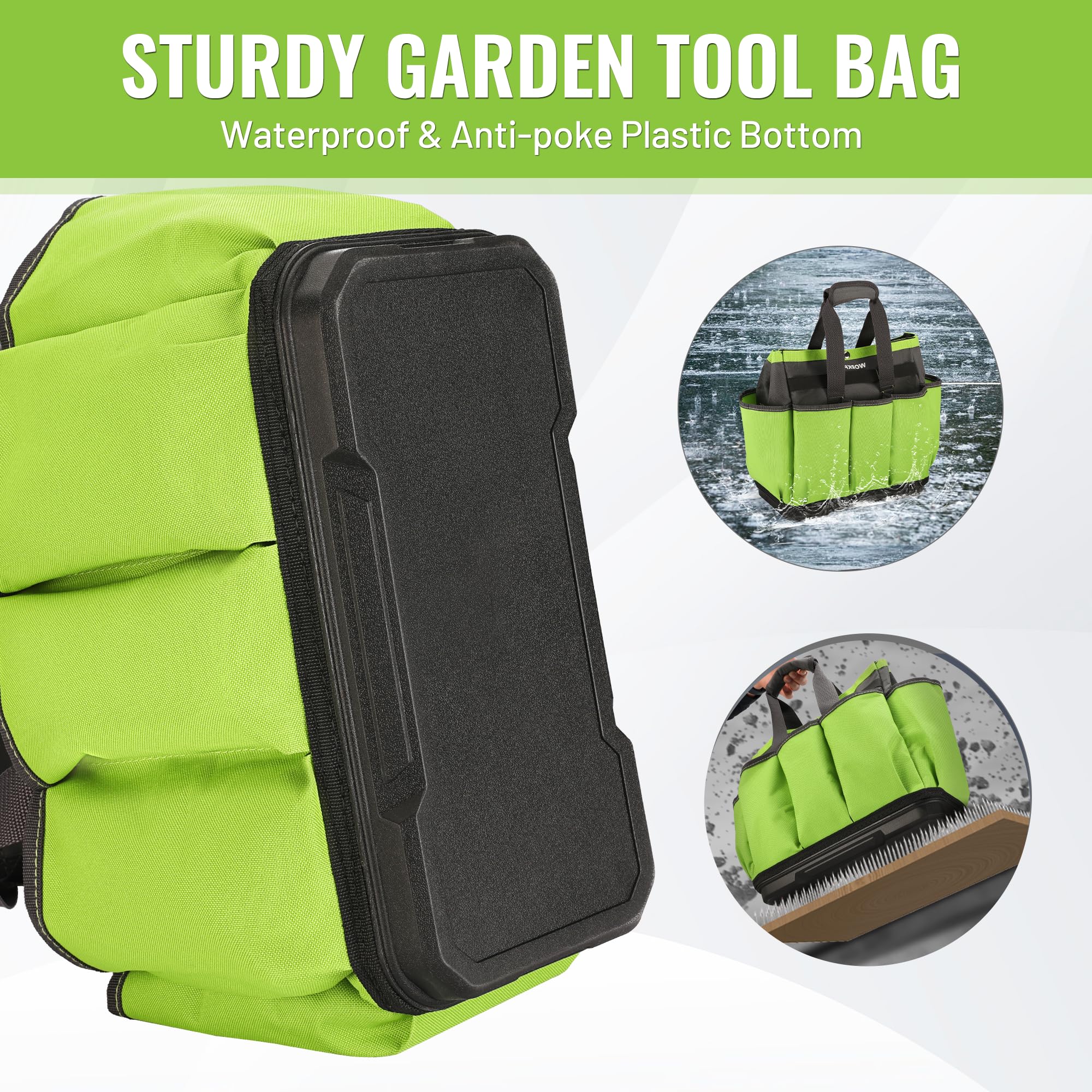 Bolsa de herramientas de jardín con base de plástico impermeable, bolsa de jardinería de 8 bolsillos, organizador de jardín Oxford resistente, soporte para kit de herramientas de jardinería 4